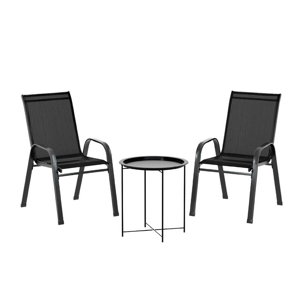 Gardeon 3PC Outdoor Bistro Set Patio Furniture Table and Chairs Stackable Black - Image 1