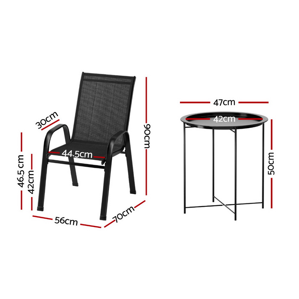 Gardeon 3PC Outdoor Bistro Set Patio Furniture Table and Chairs Stackable Black - Image 2