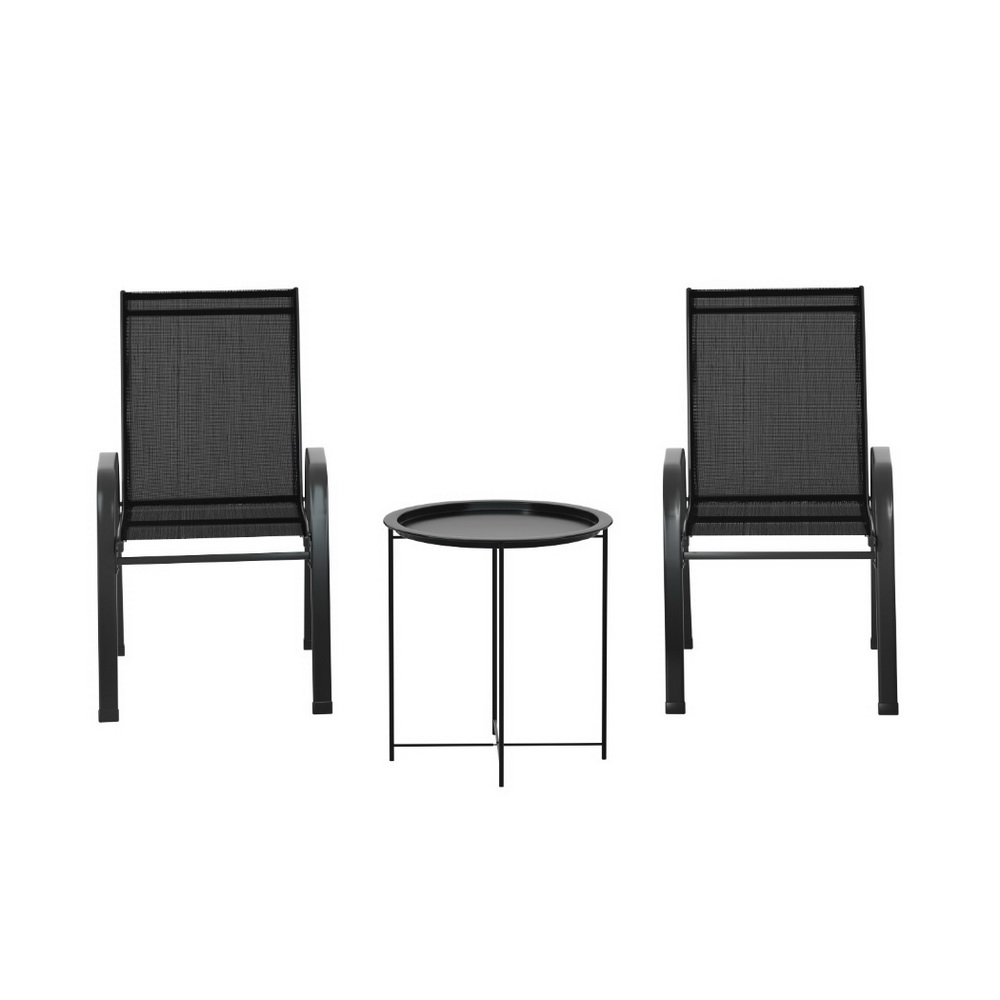 Gardeon 3PC Outdoor Bistro Set Patio Furniture Table and Chairs Stackable Black - Image 3