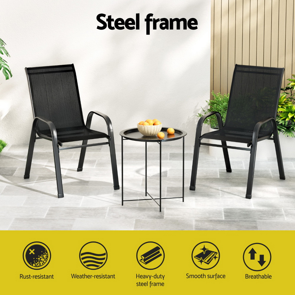 Gardeon 3PC Outdoor Bistro Set Patio Furniture Table and Chairs Stackable Black - Image 4