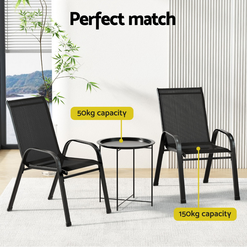 Gardeon 3PC Outdoor Bistro Set Patio Furniture Table and Chairs Stackable Black - Image 5