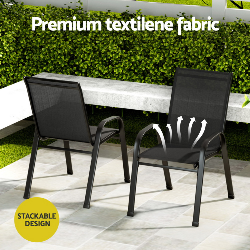 Gardeon 3PC Outdoor Bistro Set Patio Furniture Table and Chairs Stackable Black - Image 6