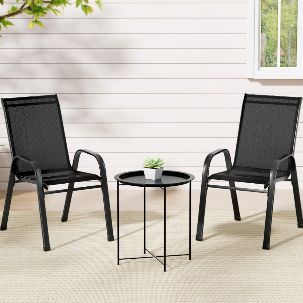 Gardeon 3PC Outdoor Bistro Set Patio Furniture Table and Chairs Stackable Black - Image 7