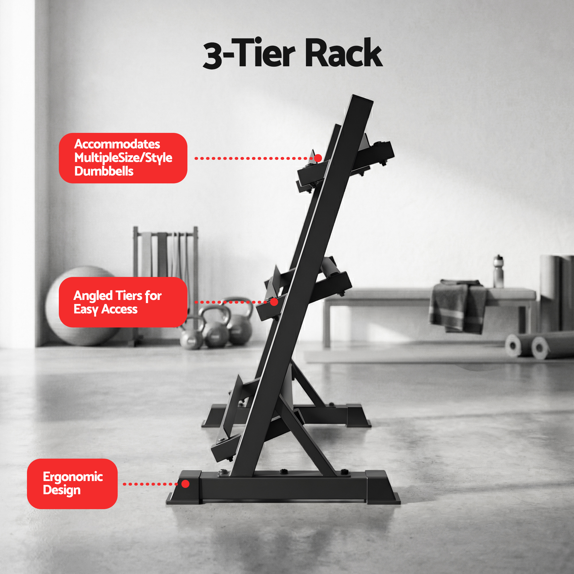 Everfit Dumbbell Rack 3-Tier Heavy Duty Weight Storage for Home Gym 300kg Capacity Black - Image 4