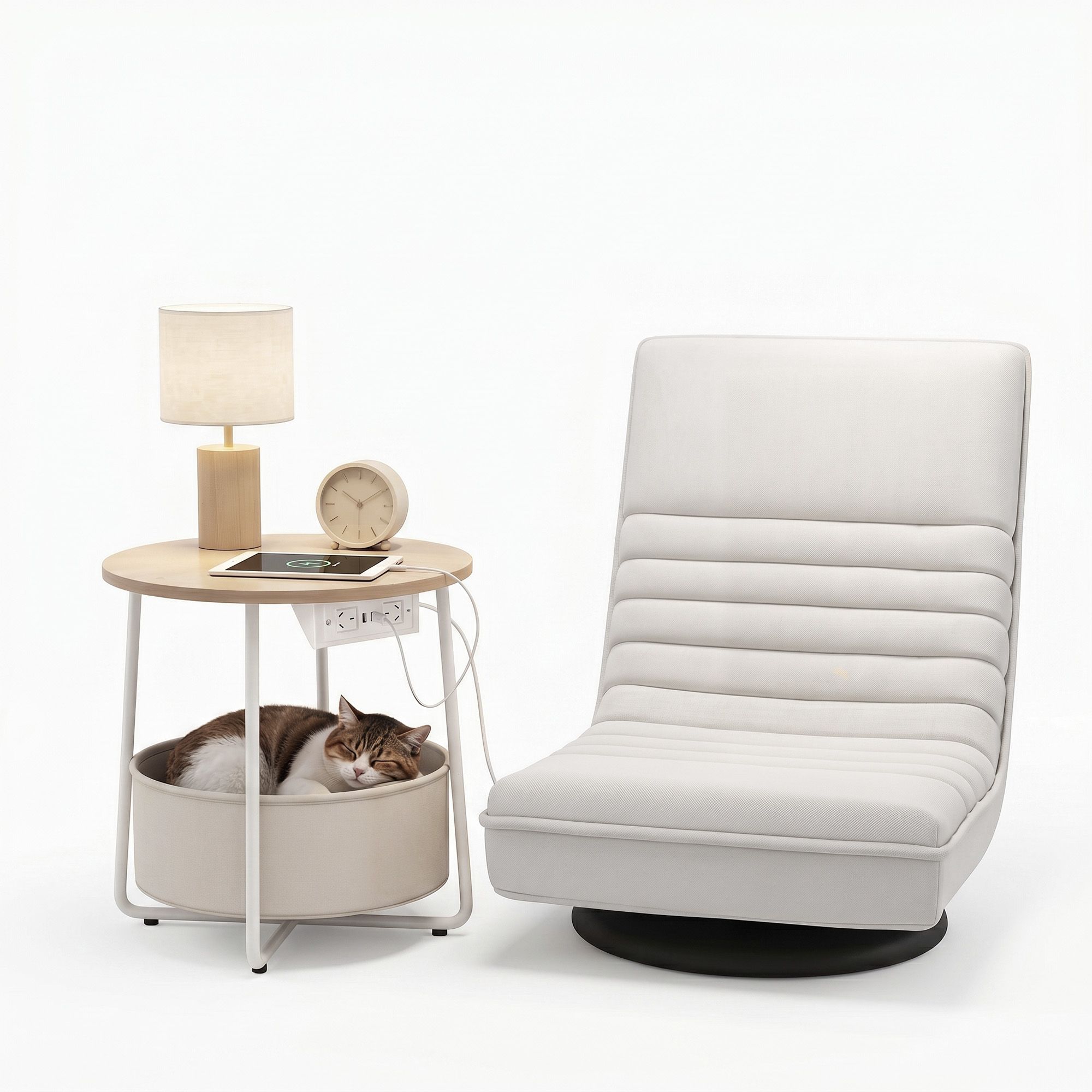 Artiss Floor Lounge & Round Coffee Table Side End Table with Charging Station Set - Image 2