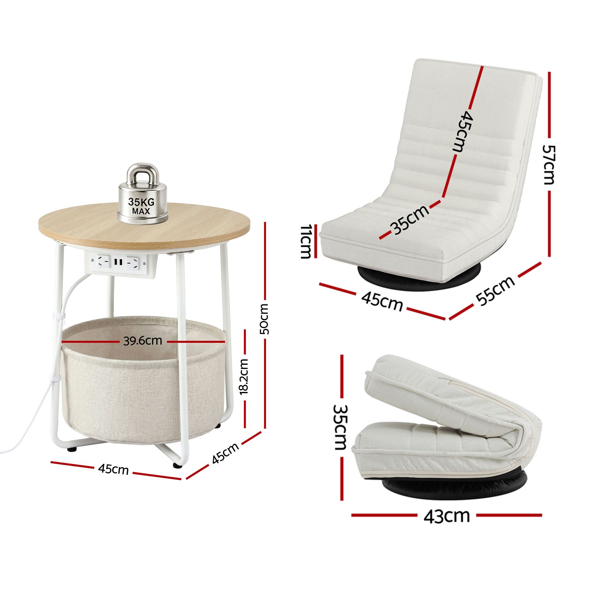 Artiss Floor Lounge & Round Coffee Table Side End Table with Charging Station Set - Image 3