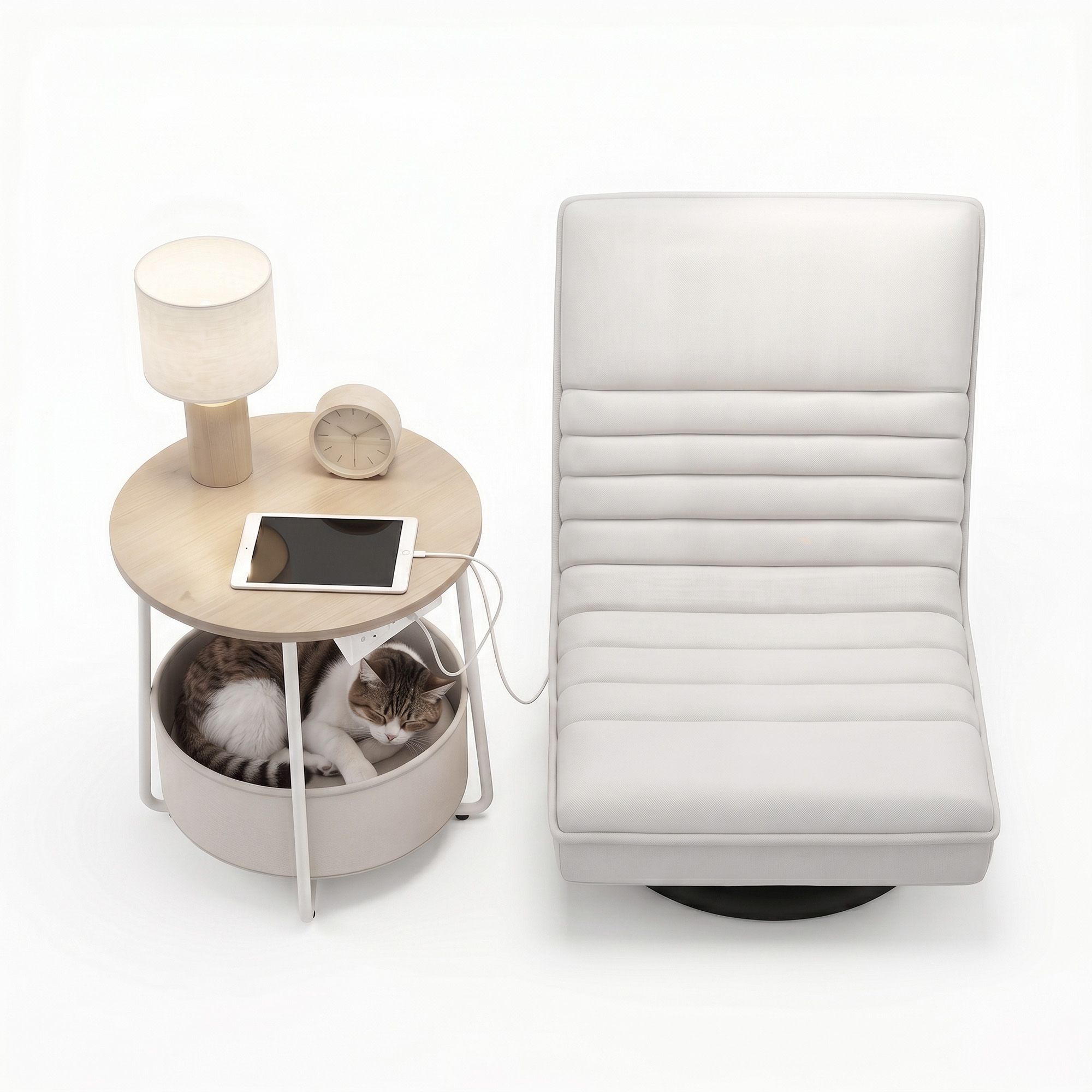 Artiss Floor Lounge & Round Coffee Table Side End Table with Charging Station Set - Image 4