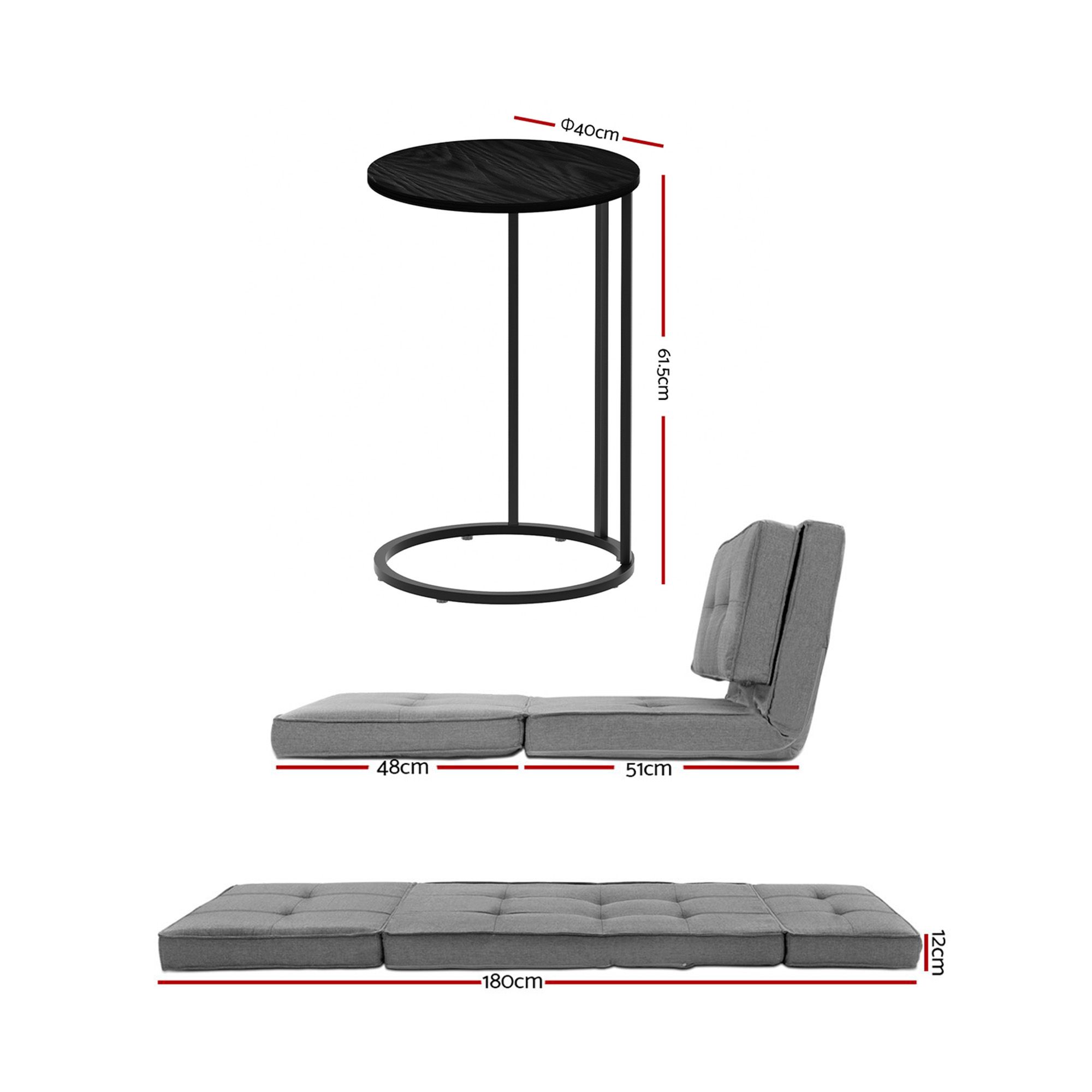 Artiss Single Sofa Bed and Side Table Set, Adjustable Recliner Narrow End Table - Image 3