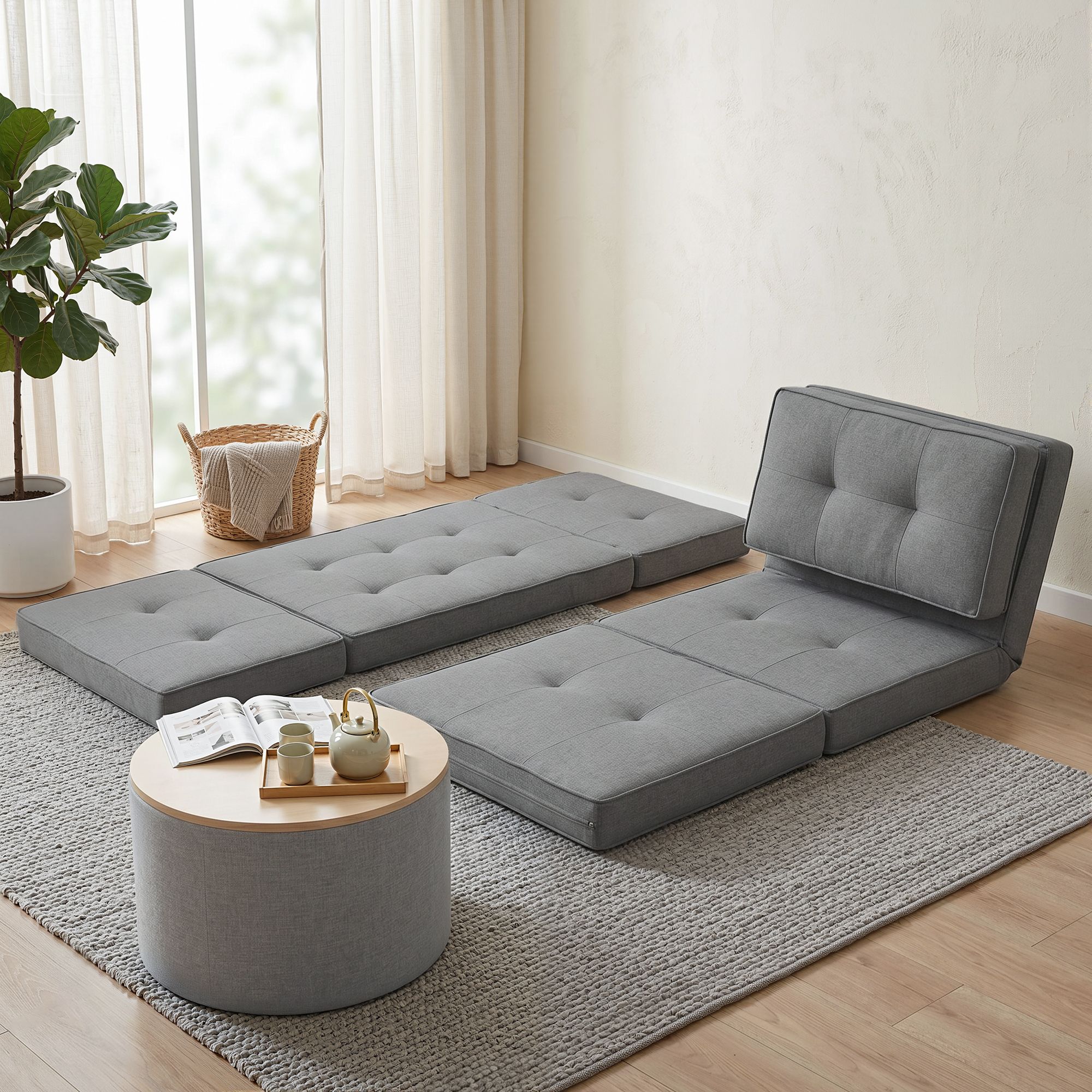 Artiss Recliner Adjustable Floor Chaise Lounge & Ottoman Foot Rest Grey Set - Image 1
