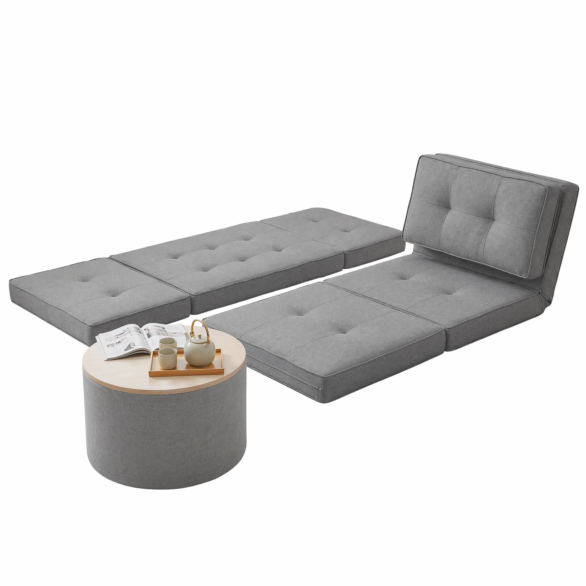 Artiss Recliner Adjustable Floor Chaise Lounge & Ottoman Foot Rest Grey Set - Image 2