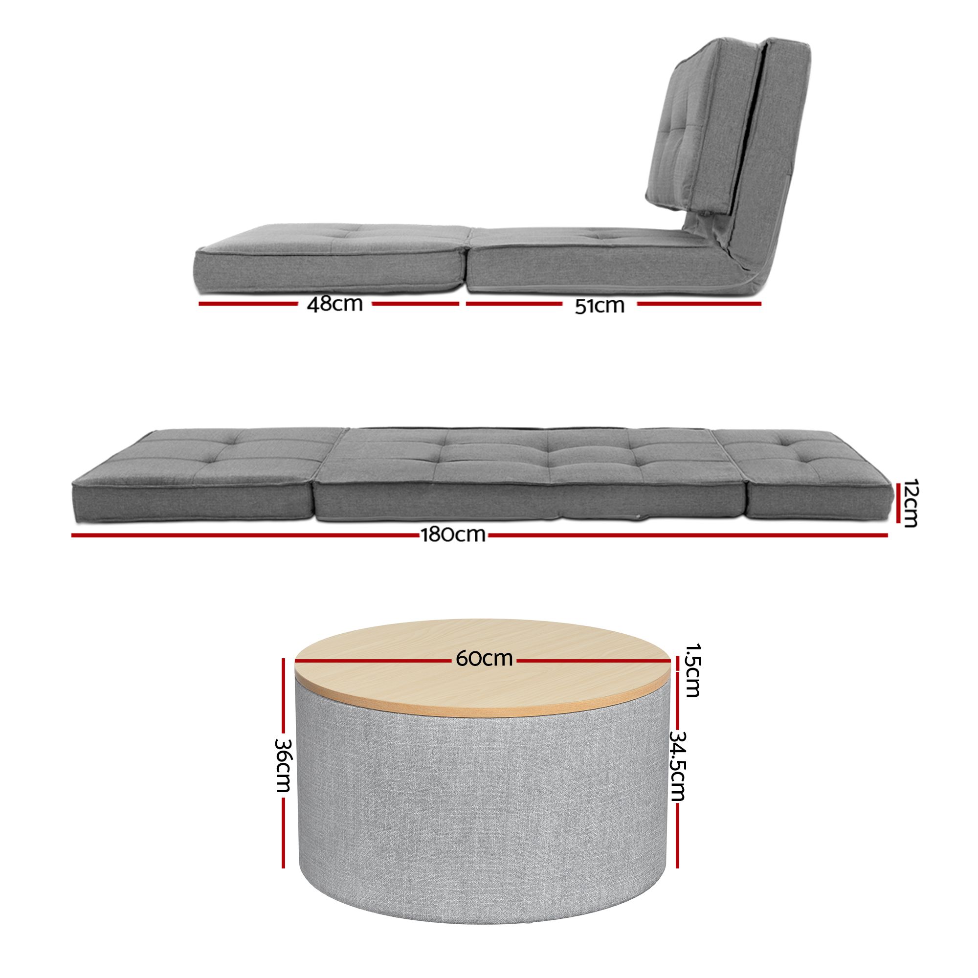 Artiss Recliner Adjustable Floor Chaise Lounge & Ottoman Foot Rest Grey Set - Image 3