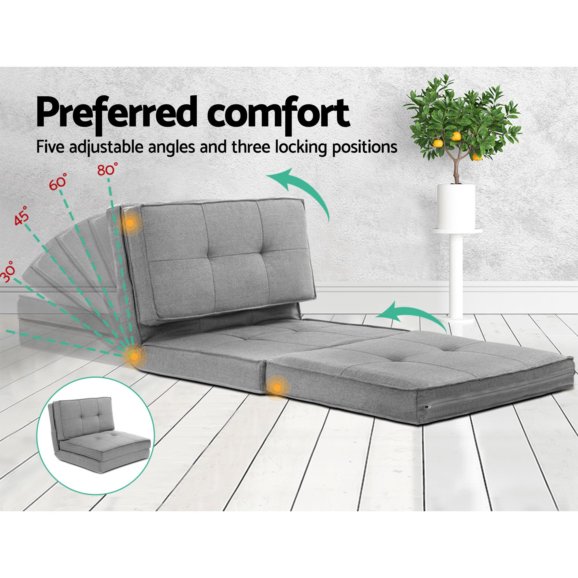 Artiss Recliner Adjustable Floor Chaise Lounge & Ottoman Foot Rest Grey Set - Image 5