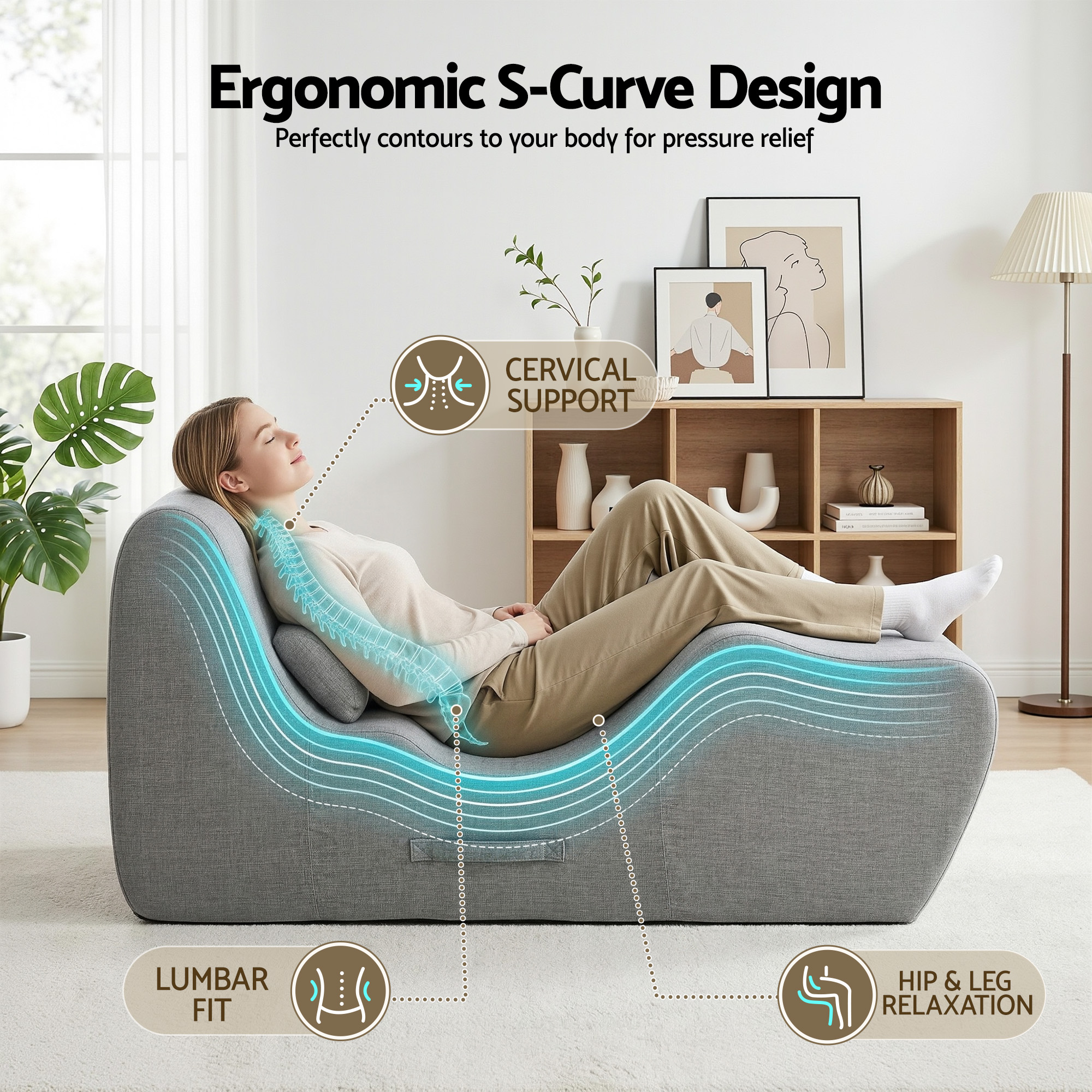 Artiss Chaise Lounge Chair Ergonomic S-Curve Floor Lounger Boneless Lounge Chairs Grey - Image 4