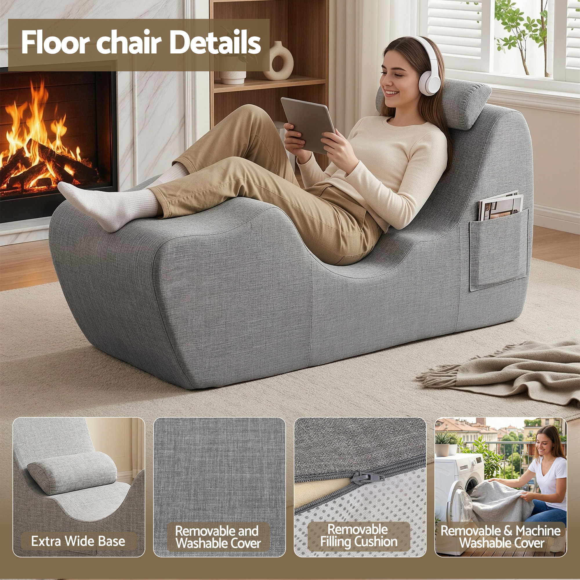 Artiss Chaise Lounge Chair Ergonomic S-Curve Floor Lounger Boneless Lounge Chairs Grey - Image 8