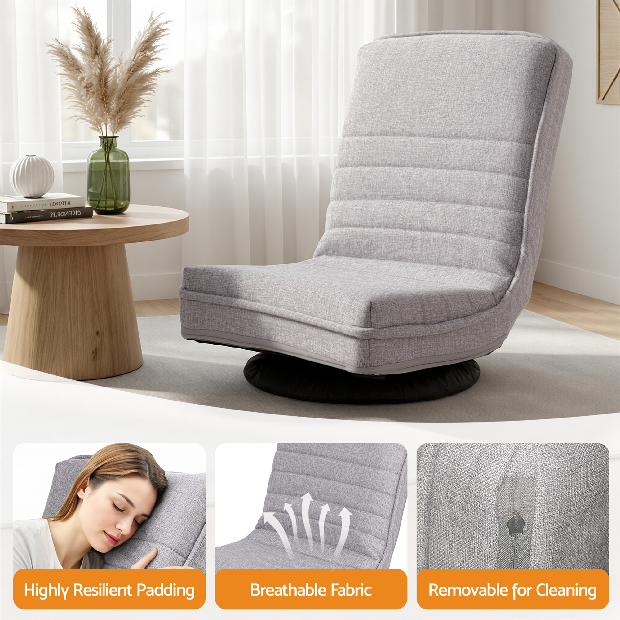 Artiss 4PCS Swivel Floor Chair 360 Adjustable Foldable Lounge Seat Floor Sofa Chair Grey - Image 7