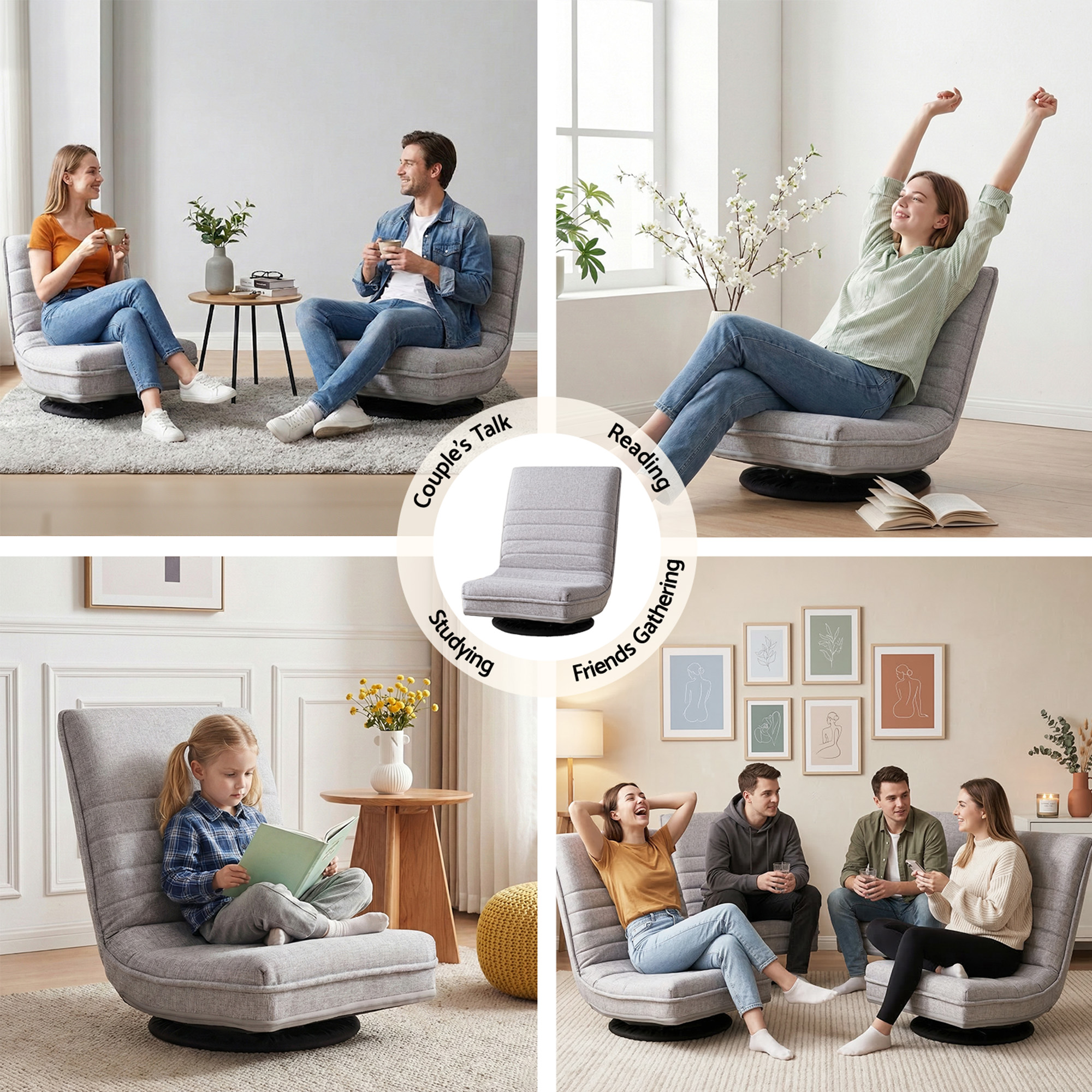 Artiss 4PCS Swivel Floor Chair 360 Adjustable Foldable Lounge Seat Floor Sofa Chair Grey - Image 8