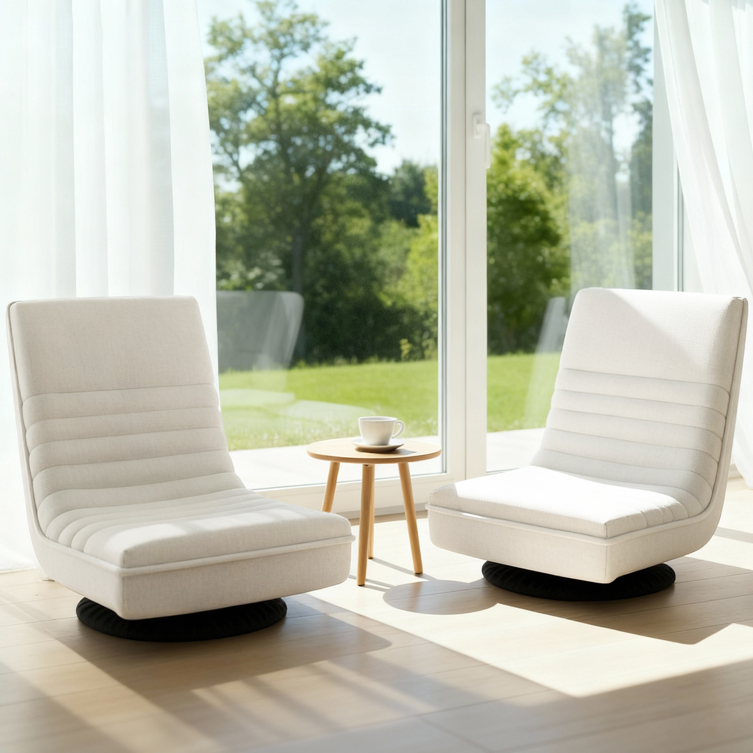 Artiss 2XFloor Chair Lounge Sofa Swivel Foldable Linen White - Image 1