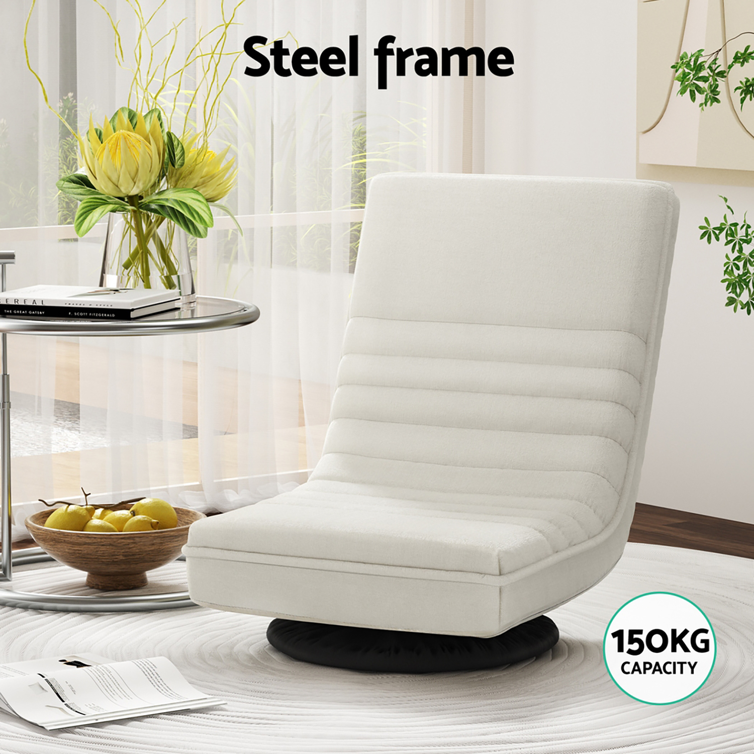 Artiss 2XFloor Chair Lounge Sofa Swivel Foldable Linen White - Image 5