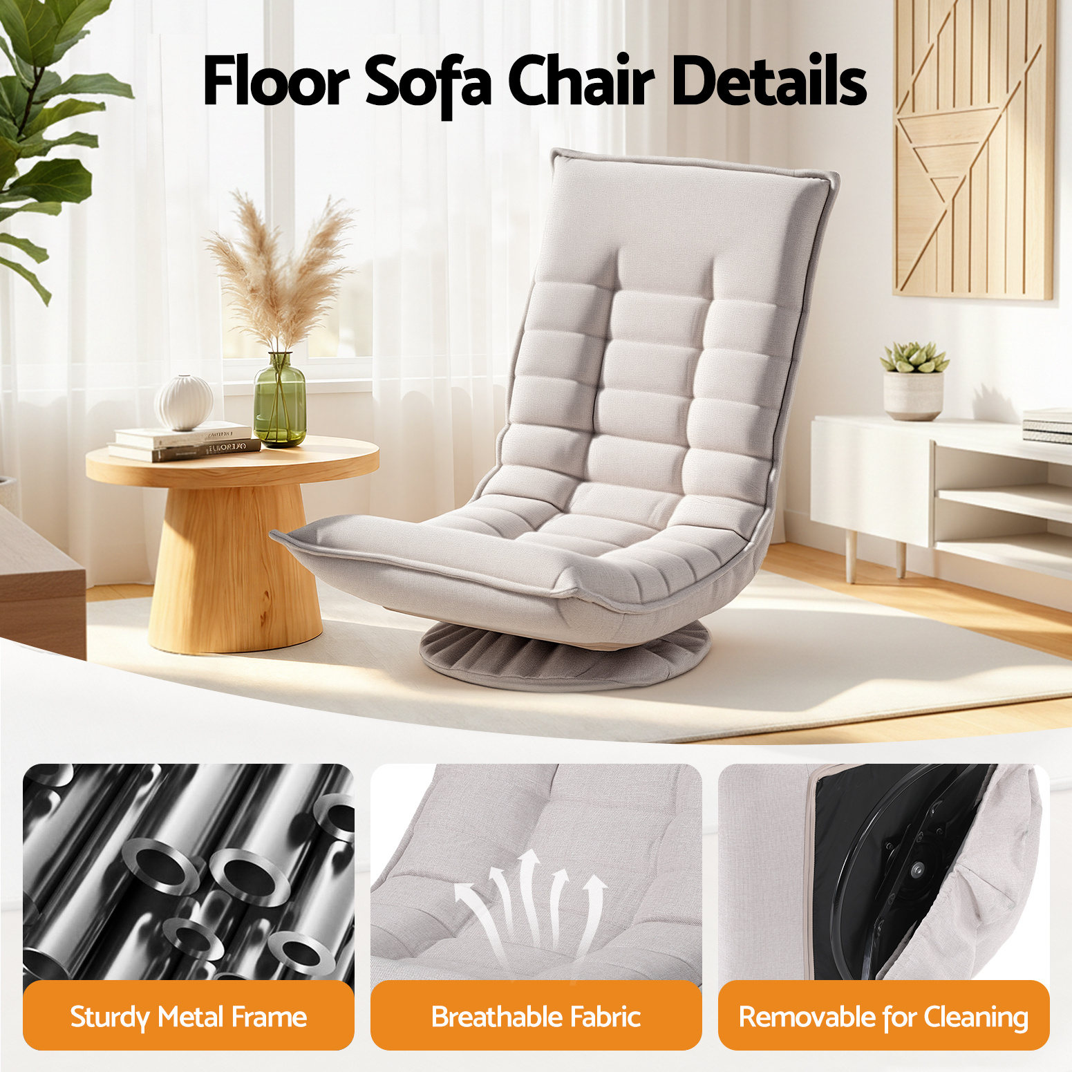 Artiss Swivel Floor Chair 5 Adjustable Foldable Lounge Seat Floor Sofa Chair Grey - Image 6