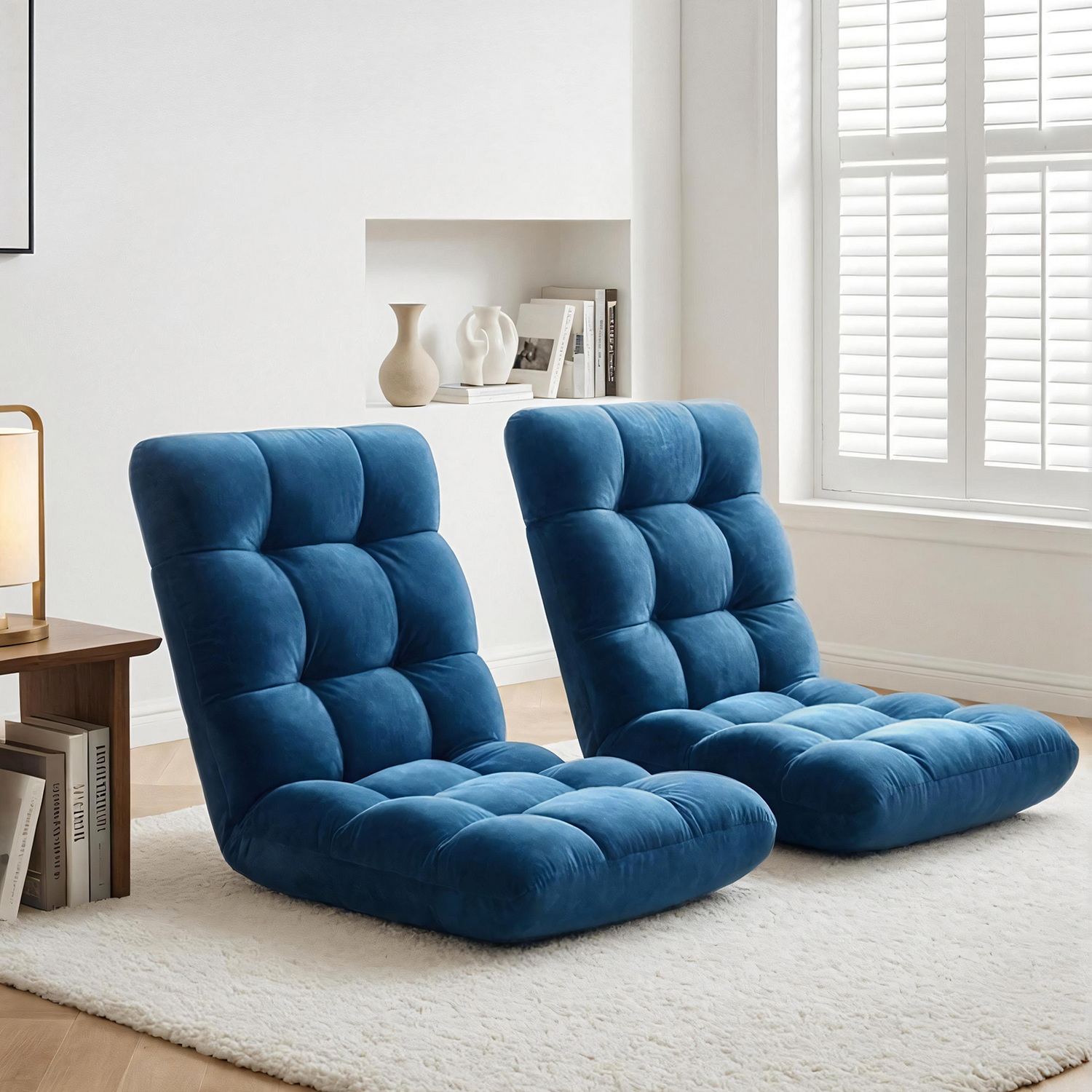 Artiss 2PCS Floor Lounge Sofa Bed Flannel Fabric Navy - Image 1