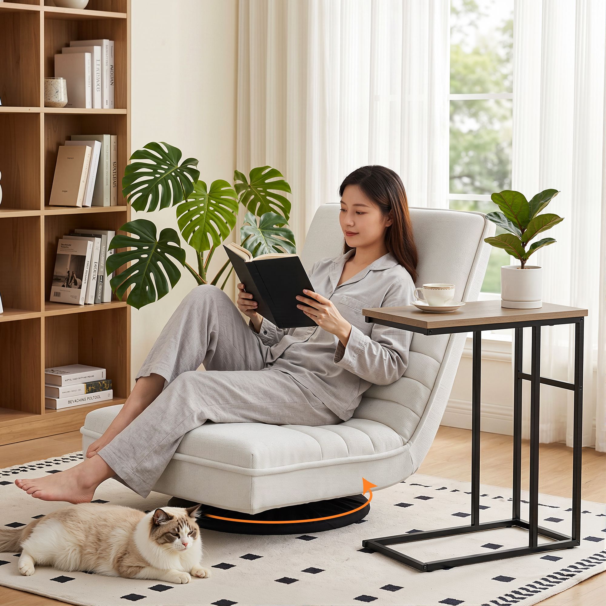 Artiss Floor Lounge & Coffee Table Set, Swviel Foldable Linen Sofa Chair White, C-Shaped Side Table Walnut - Image 1