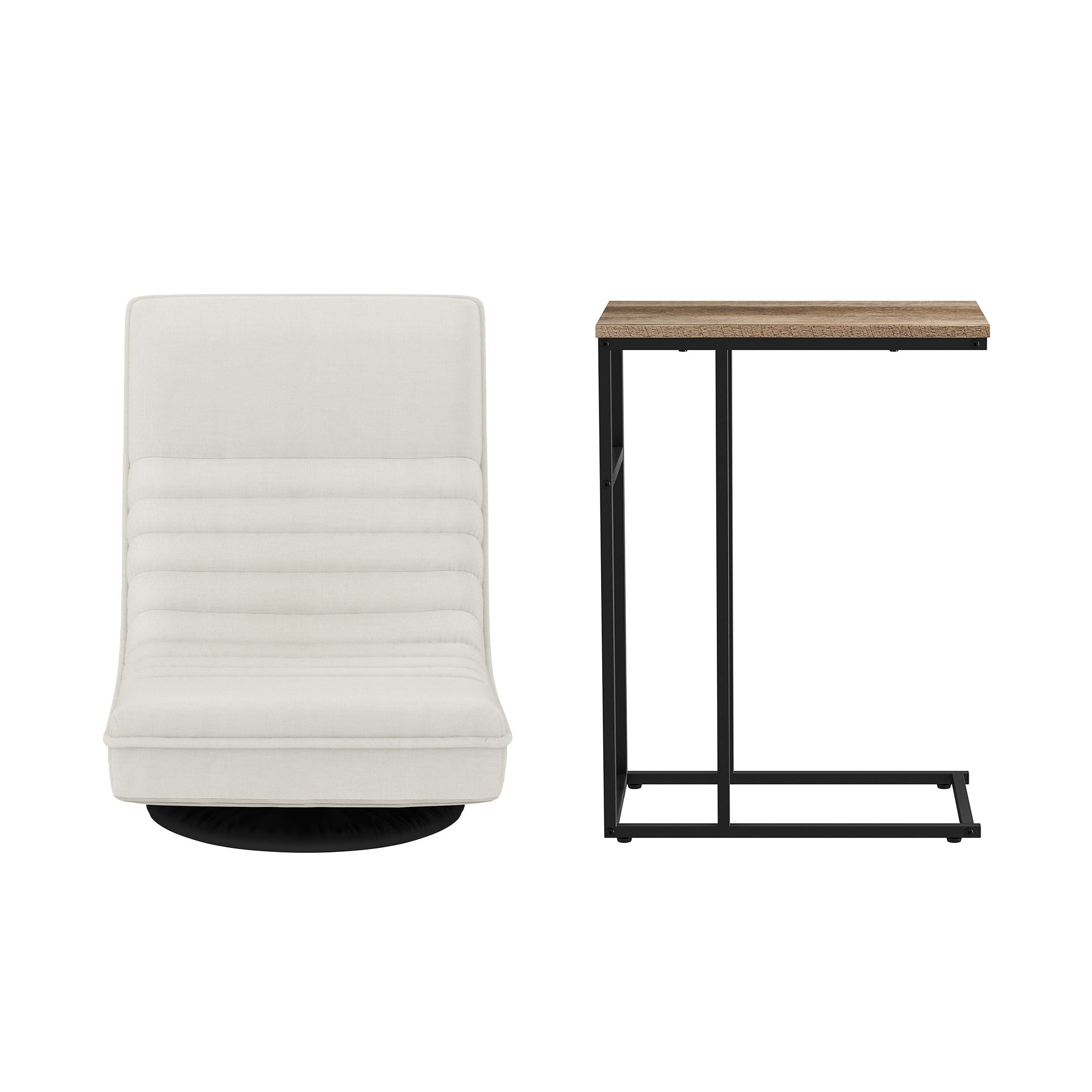Artiss Floor Lounge & Coffee Table Set, Swviel Foldable Linen Sofa Chair White, C-Shaped Side Table Walnut - Image 2
