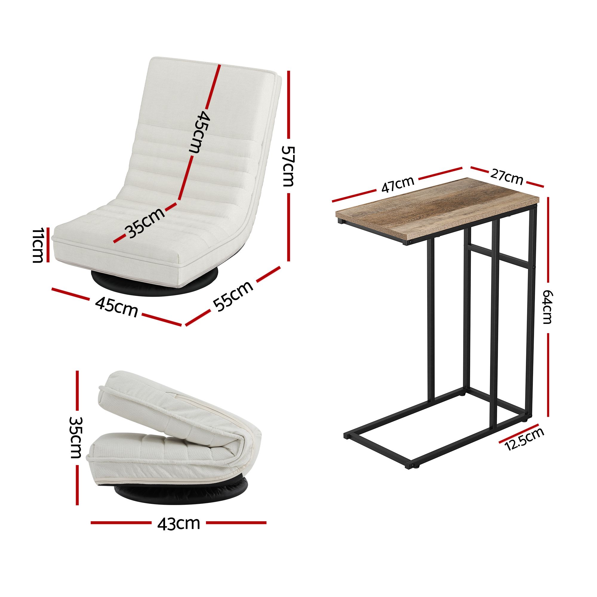 Artiss Floor Lounge & Coffee Table Set, Swviel Foldable Linen Sofa Chair White, C-Shaped Side Table Walnut - Image 3