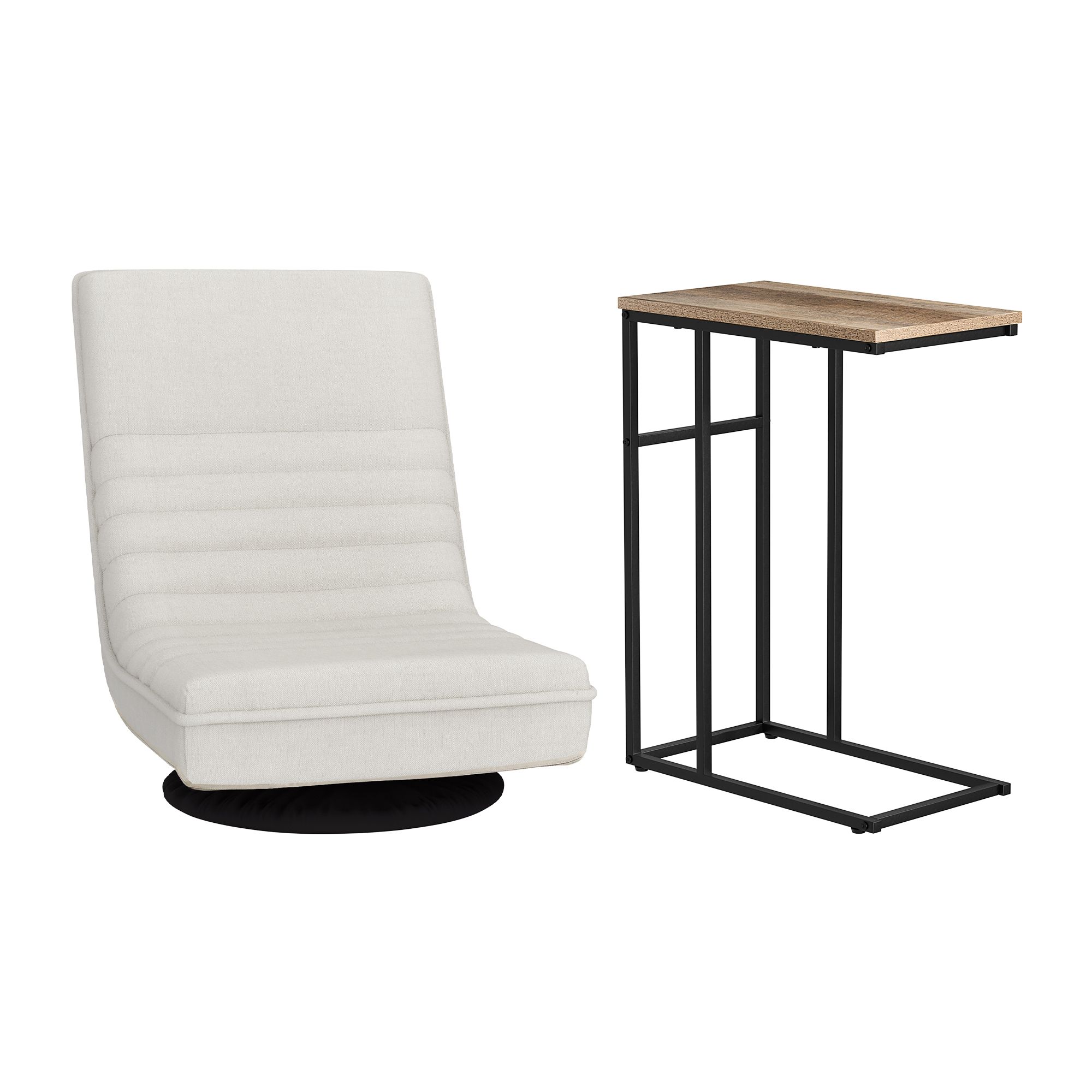 Artiss Floor Lounge & Coffee Table Set, Swviel Foldable Linen Sofa Chair White, C-Shaped Side Table Walnut - Image 4