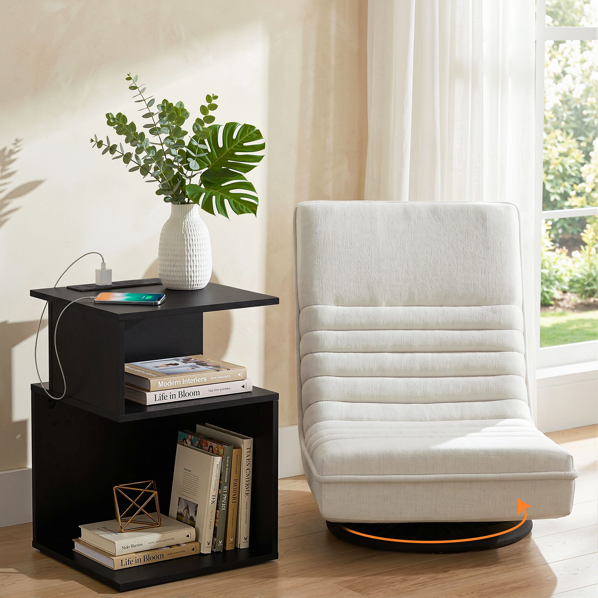 Artiss Swivel Floor Chair and Bedside Table with Charging Station Set - Image 1