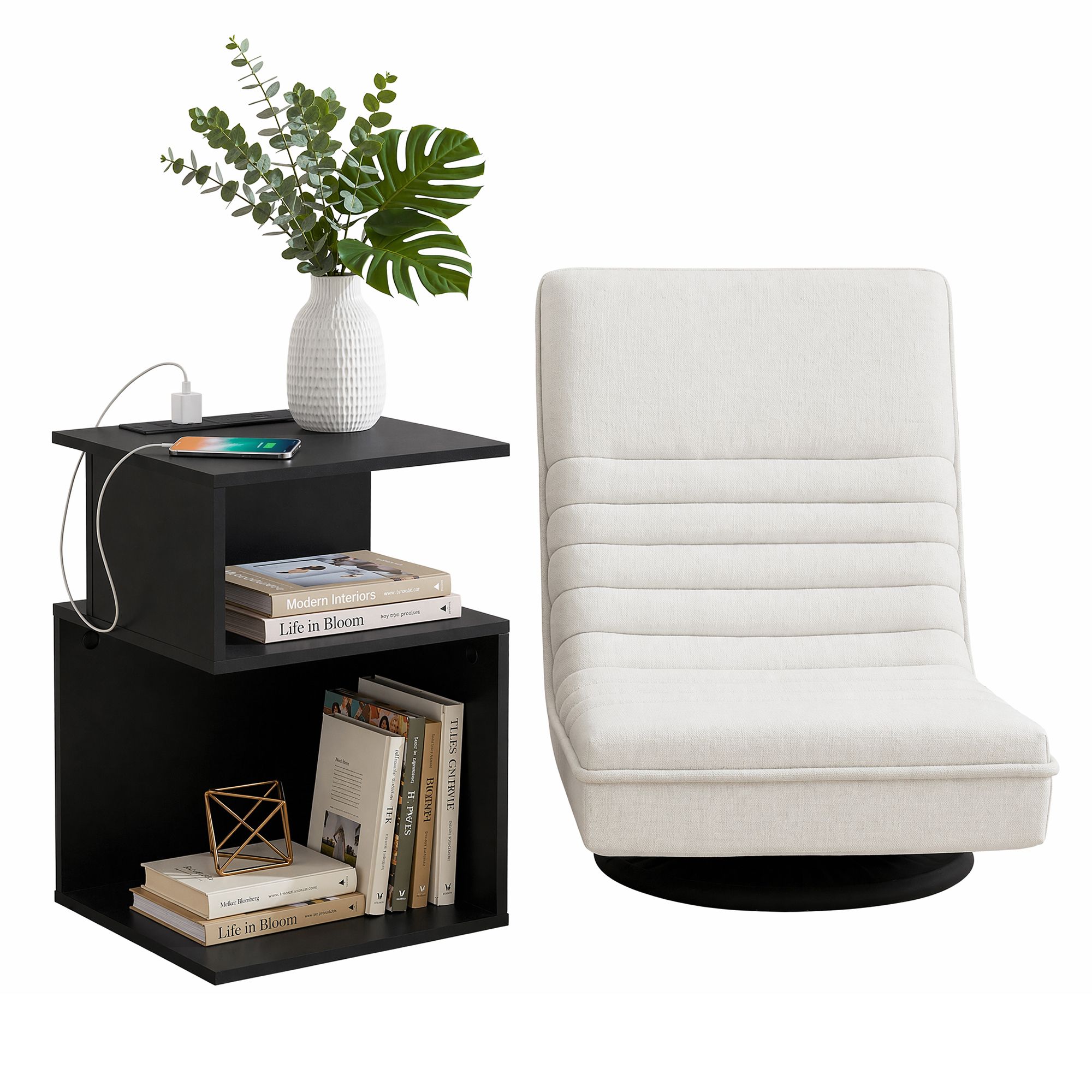 Artiss Swivel Floor Chair and Bedside Table with Charging Station Set - Image 2