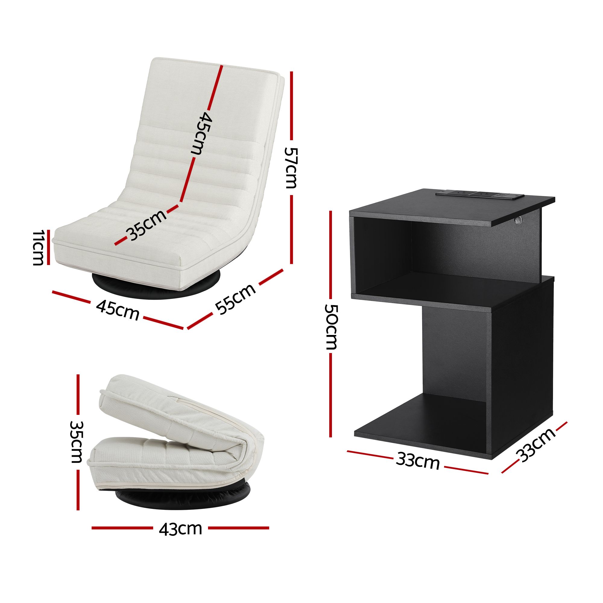 Artiss Swivel Floor Chair and Bedside Table with Charging Station Set - Image 3