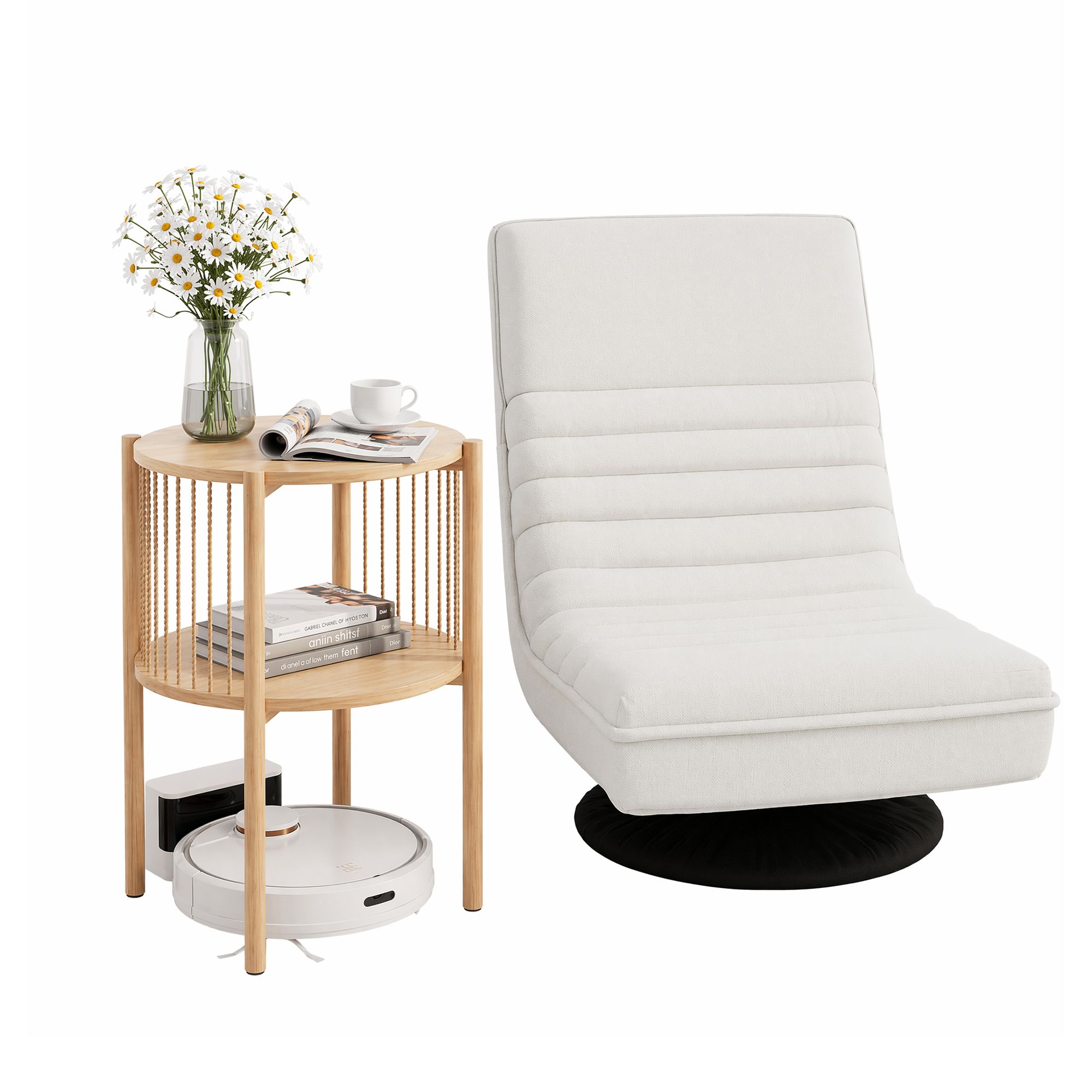 Artiss Floor Lounge Folding Swivel Sofa Chair and 2 Tier Round End Side Table Set - Image 2