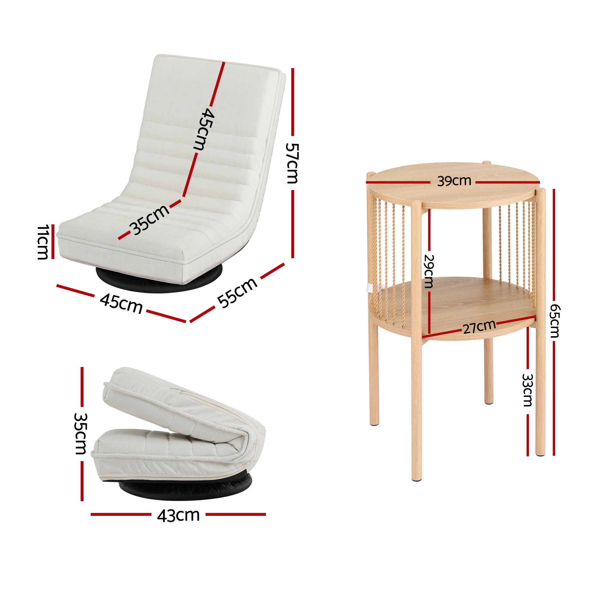 Artiss Floor Lounge Folding Swivel Sofa Chair and 2 Tier Round End Side Table Set - Image 3