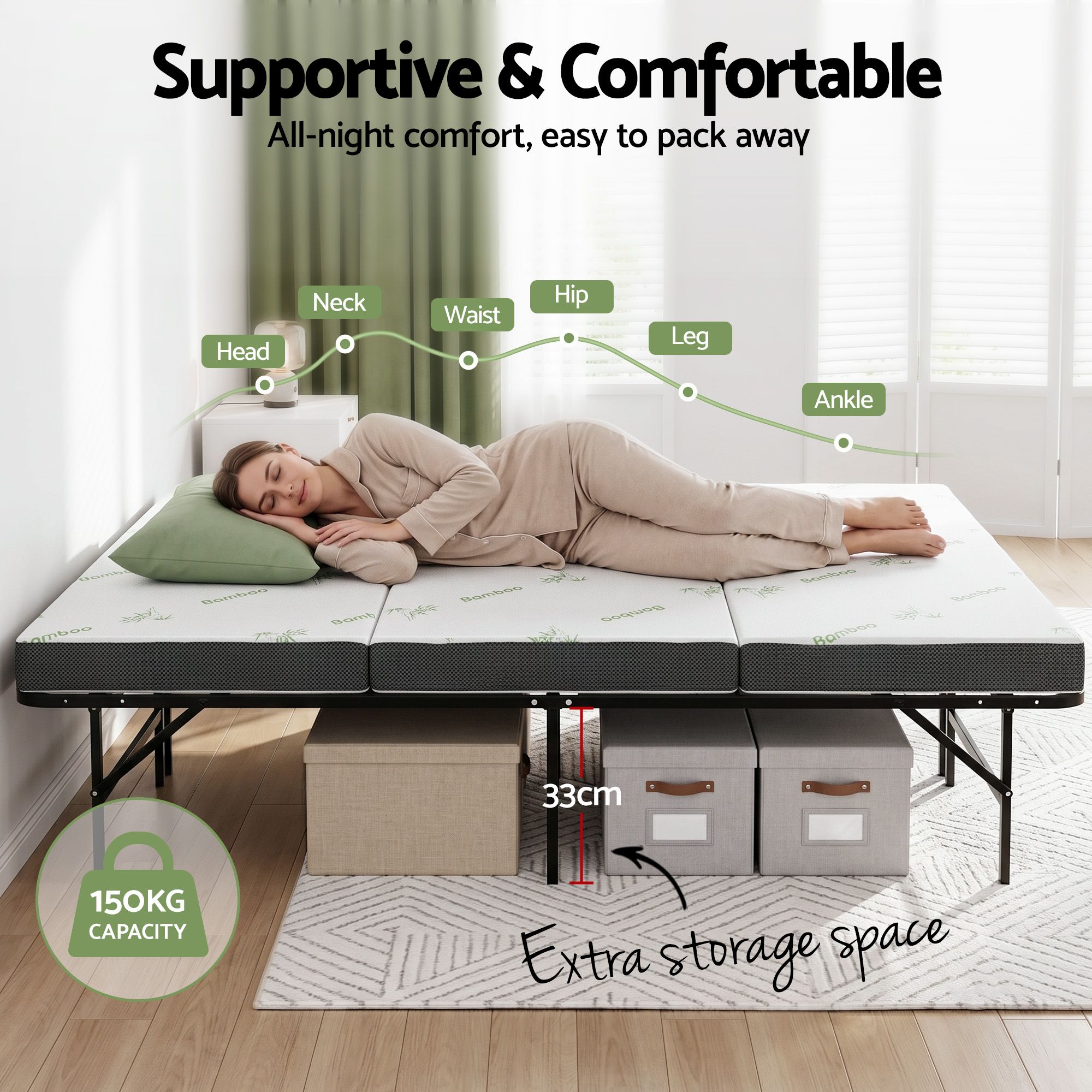 Giselle Folding Bed with Mattress Double Portable Foldable Guest Bed Bamboo Cover - Image 5