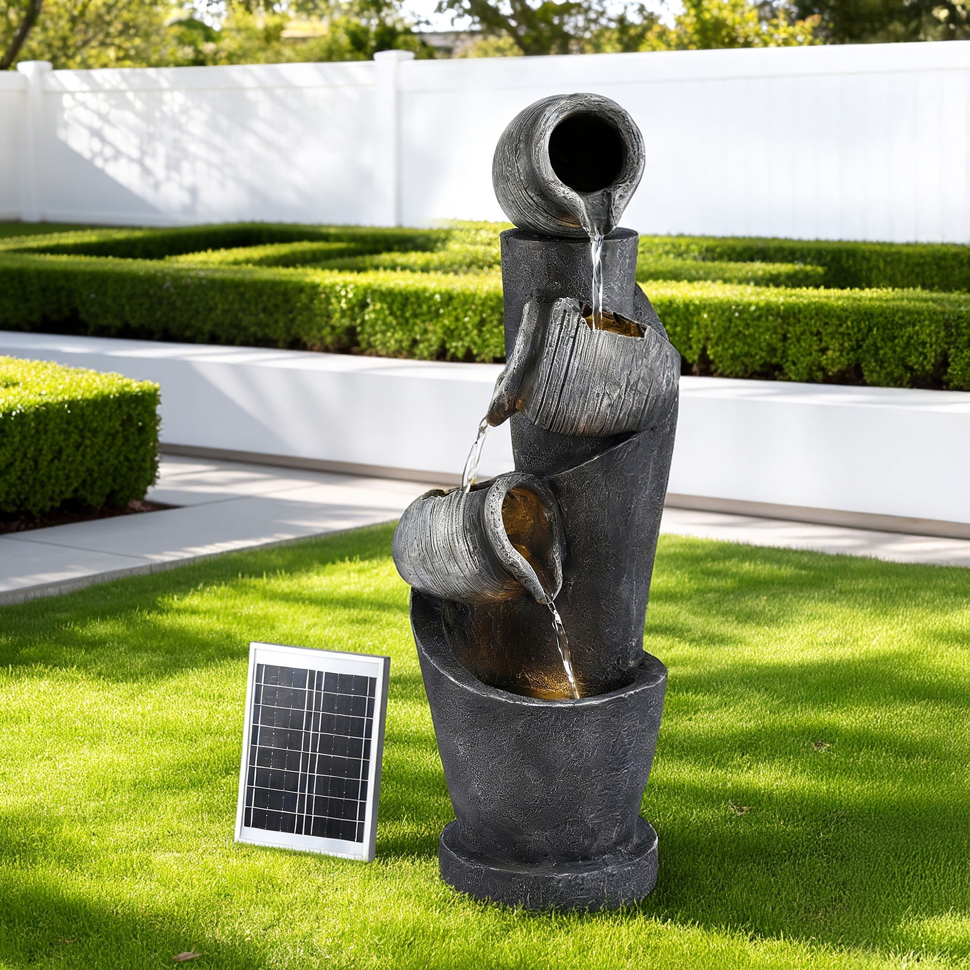 Gardeon Solar Fountain Water Feature Cascading Fountain 3-Tier Pot LED Lights 80CM Grey - Image 1