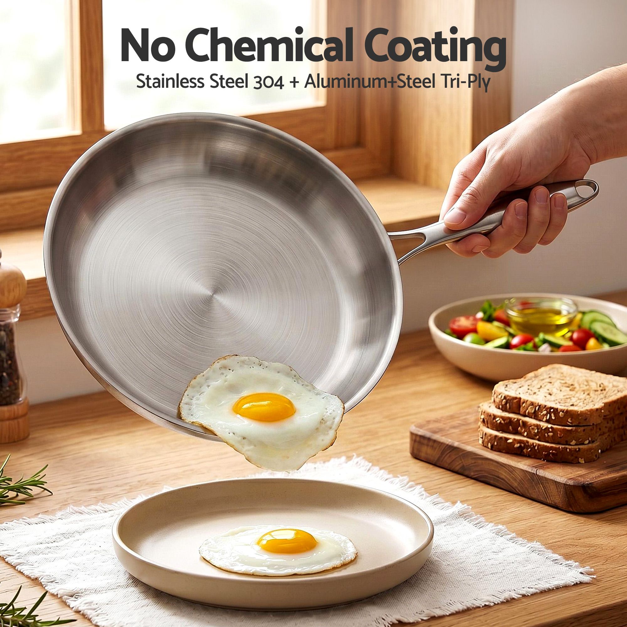 5-Star Chef 30cm Stainless Steel Frying Pan Uncoated Frypan with Tri-Ply Body Silver - Image 4