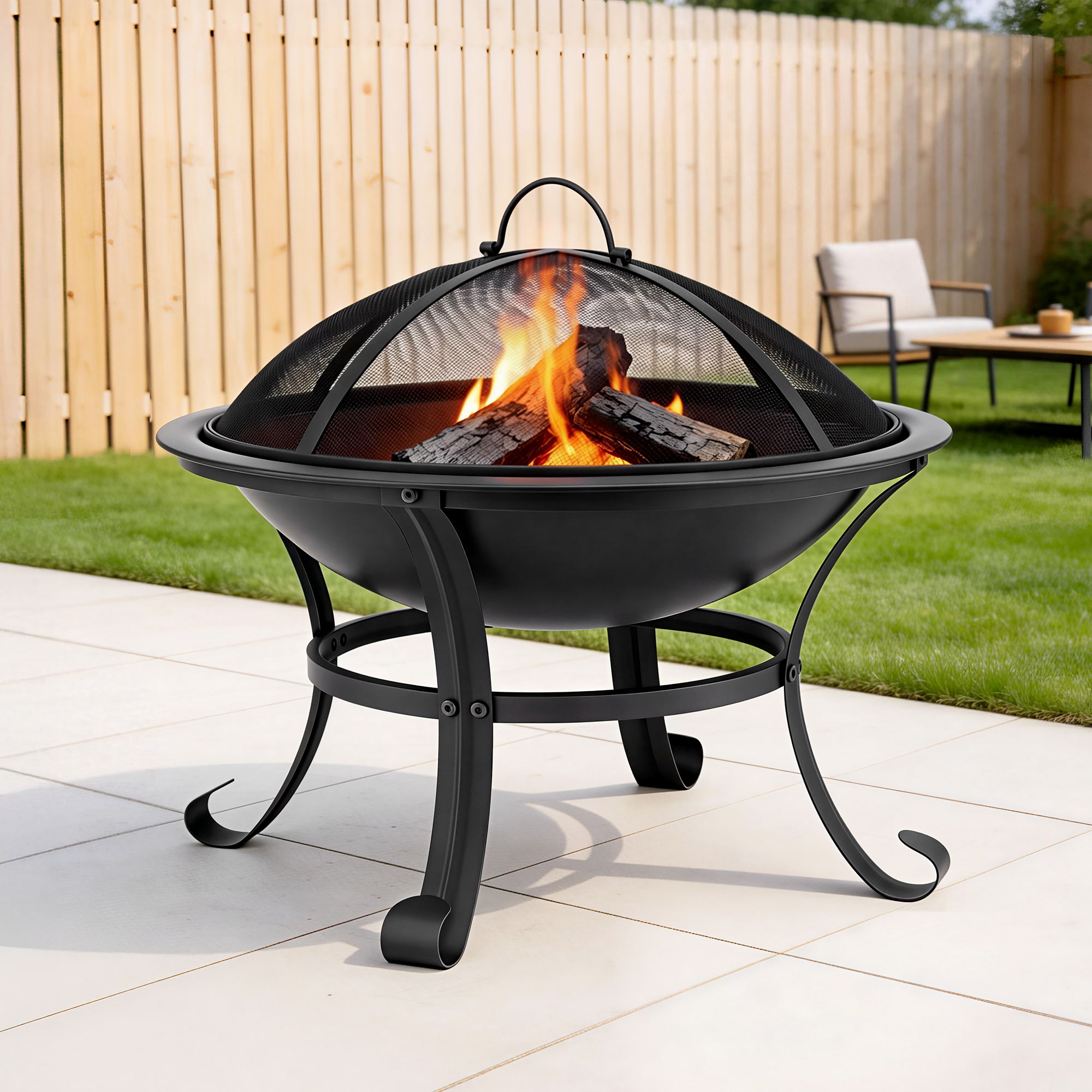 Grillz Fire Pit with Mesh Lid and Fire Picker BBQ Grill Wood Burning Outdoor Camping - Image 1