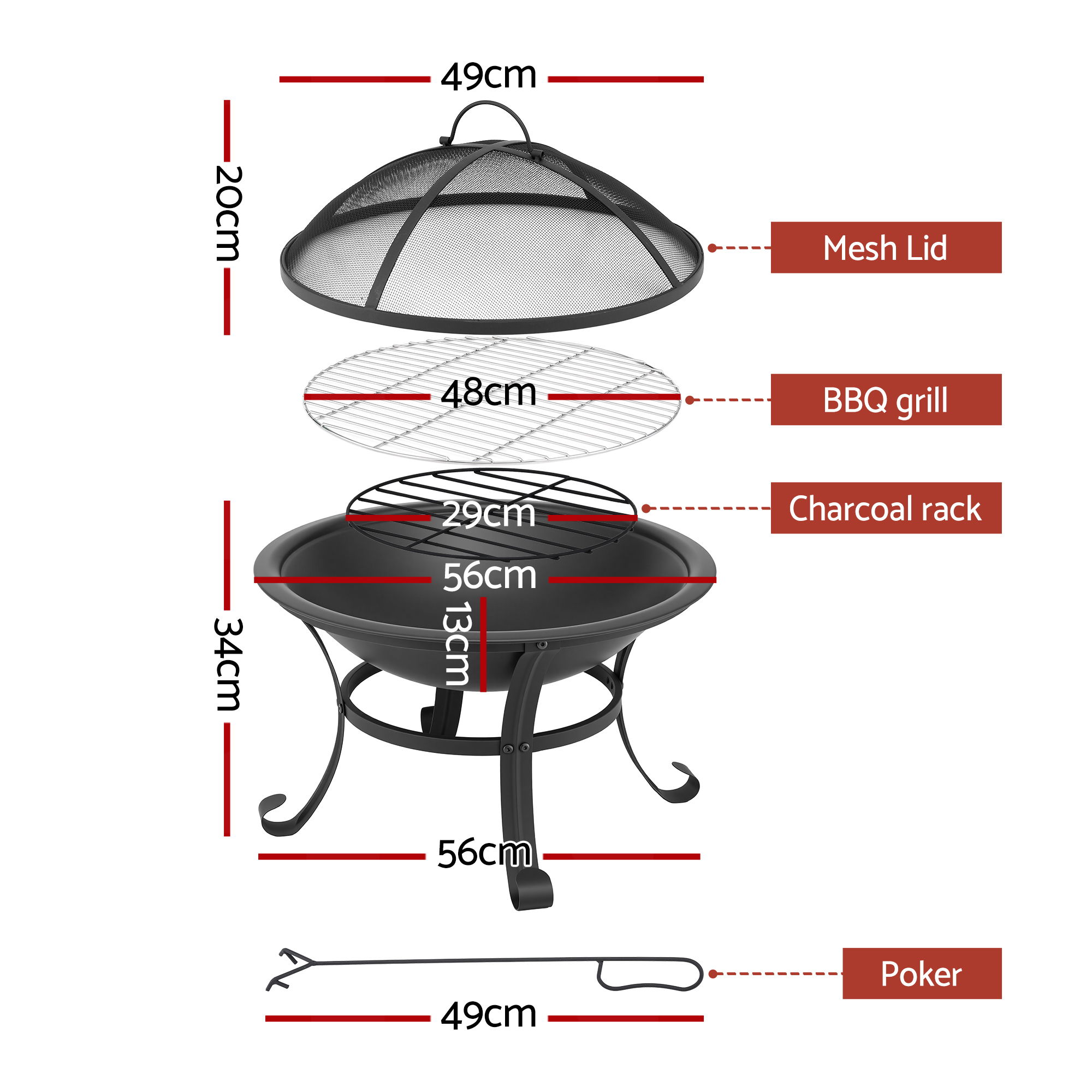 Grillz Fire Pit with Mesh Lid and Fire Picker BBQ Grill Wood Burning Outdoor Camping - Image 2