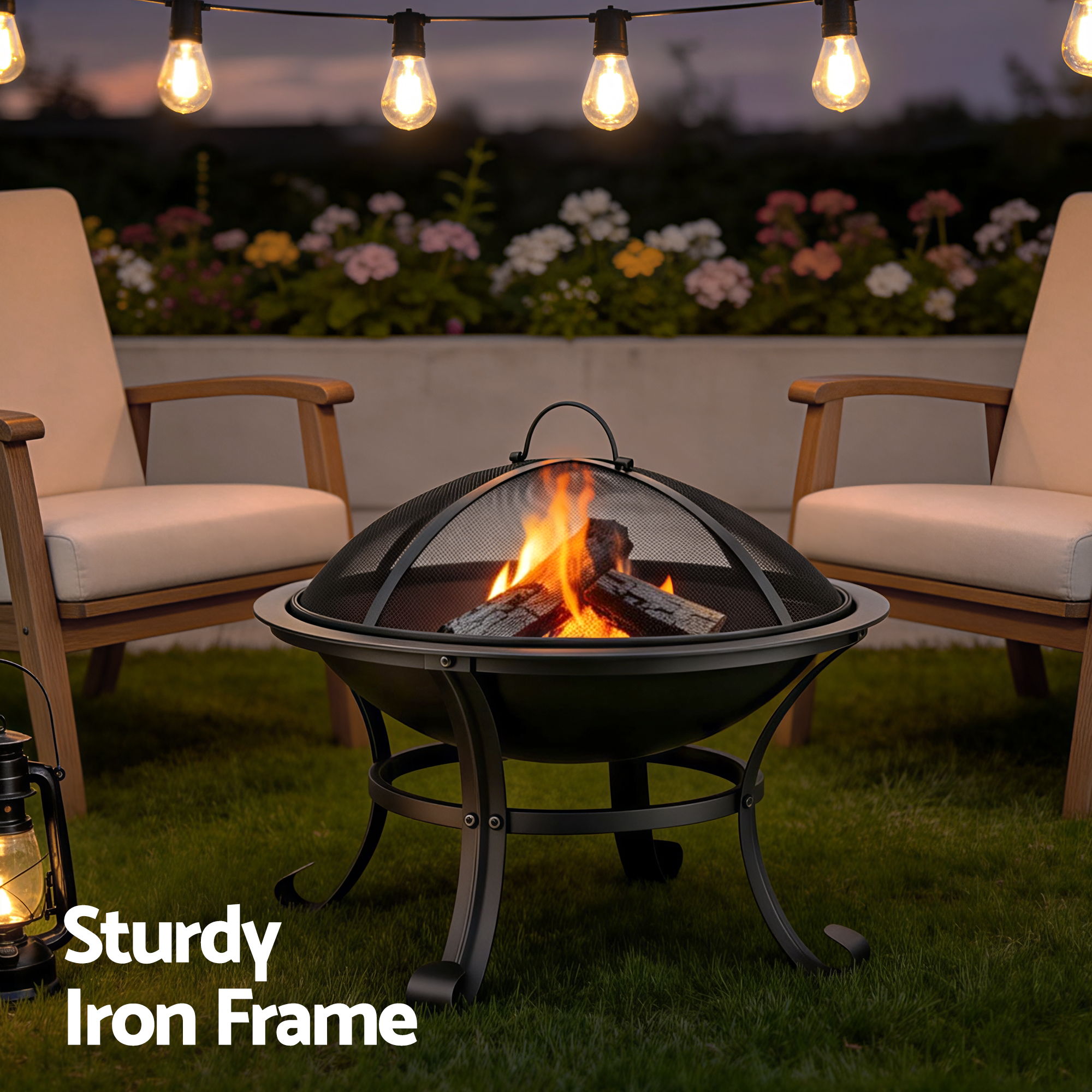Grillz Fire Pit with Mesh Lid and Fire Picker BBQ Grill Wood Burning Outdoor Camping - Image 6
