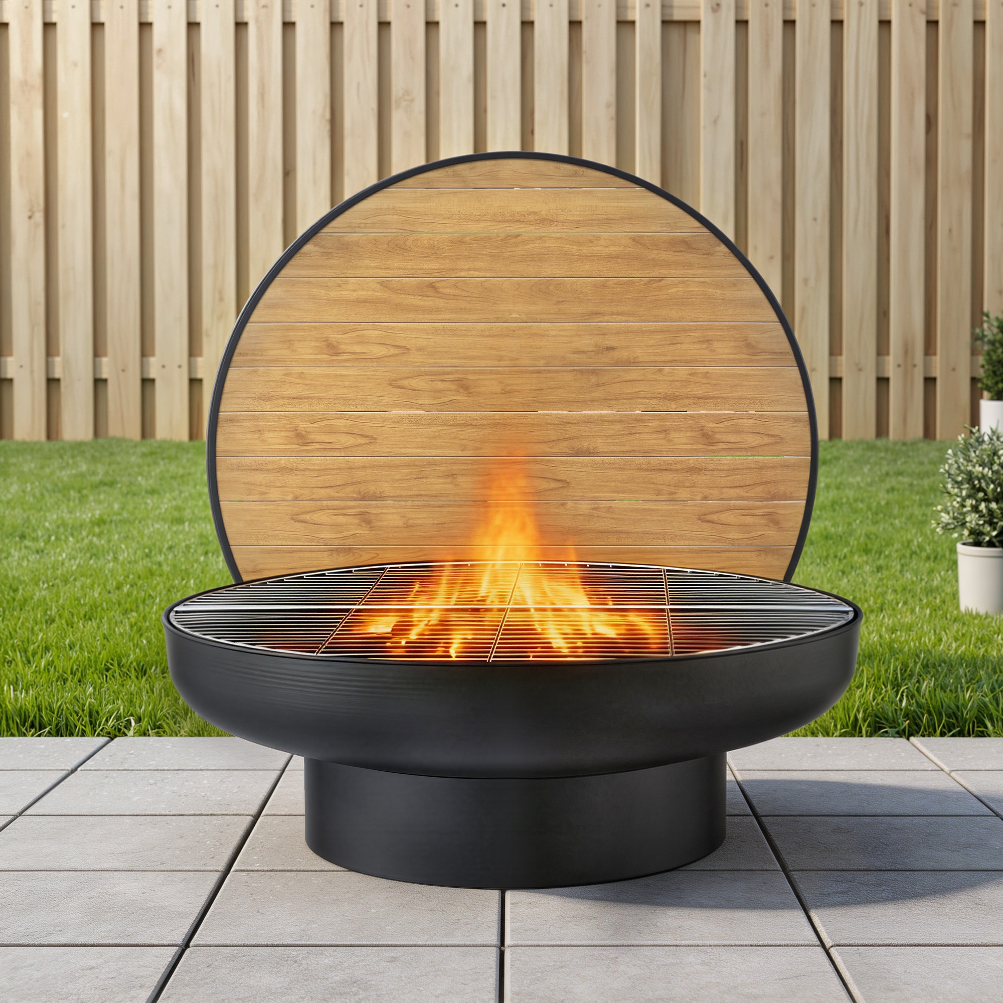 Grillz Fire Pit Table with Lid Deep Fire Bowl Wood Burning BBQ Grill for Backyard Camping Patio Picnic - Image 1