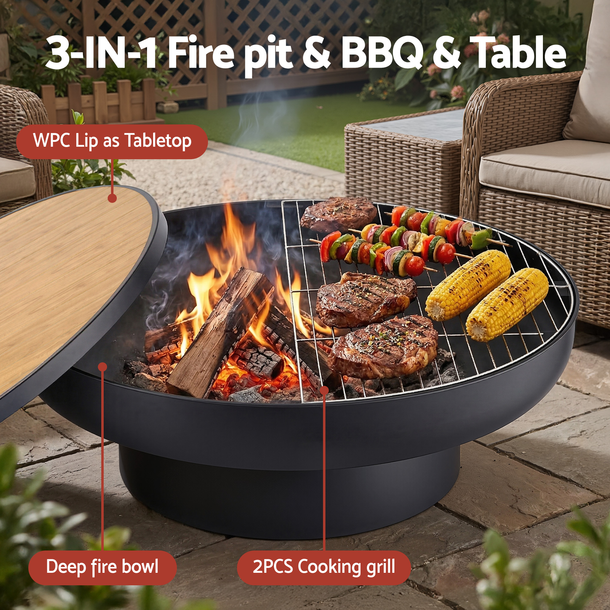 Grillz Fire Pit Table with Lid Deep Fire Bowl Wood Burning BBQ Grill for Backyard Camping Patio Picnic - Image 4