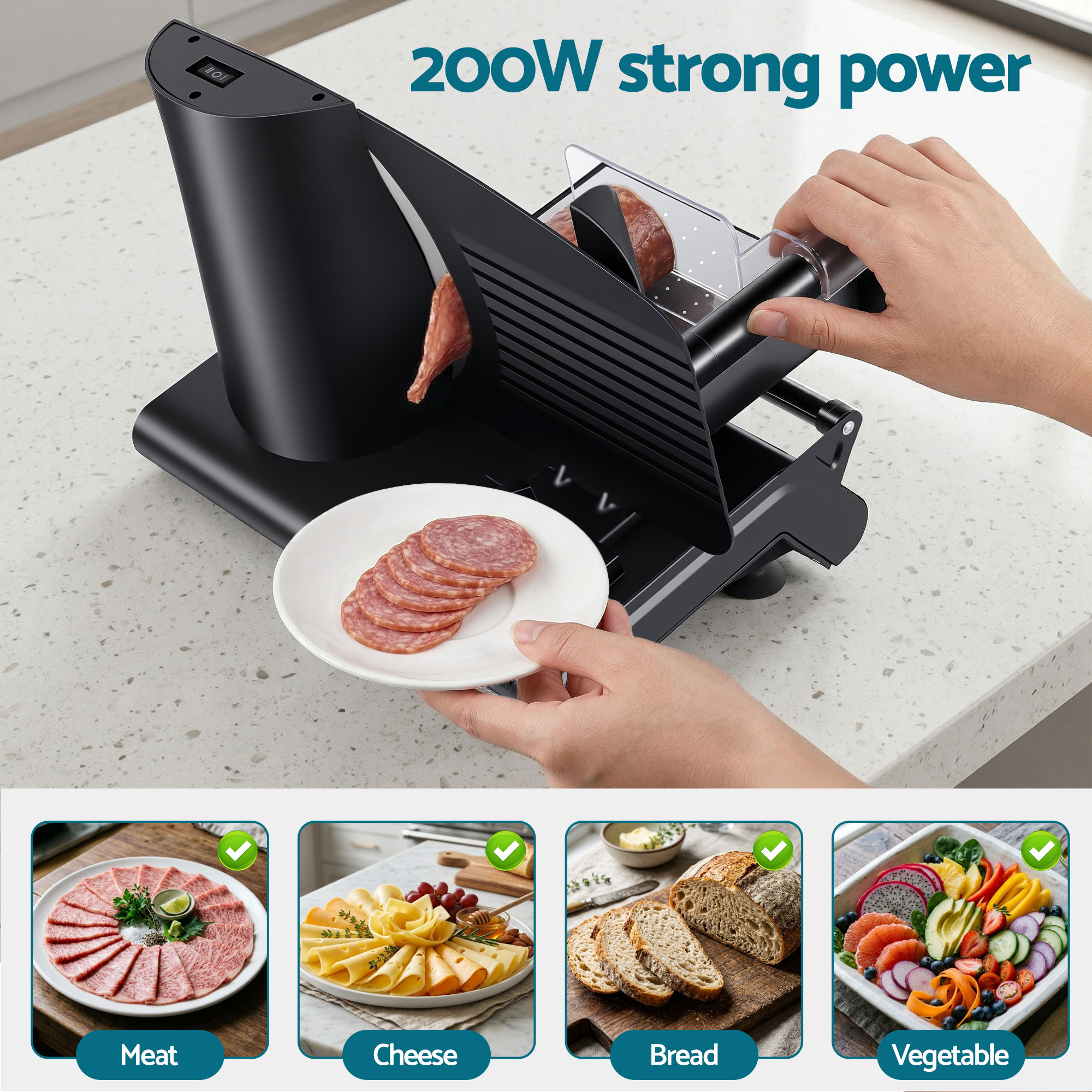 Devanti Meat Slicer Bread Vegetable, 200W Power 0-15mm Adjustable Easy Clean Stable Stainless Steel Blade Food Slicer for Kitchen Commercial, Black - Image 4