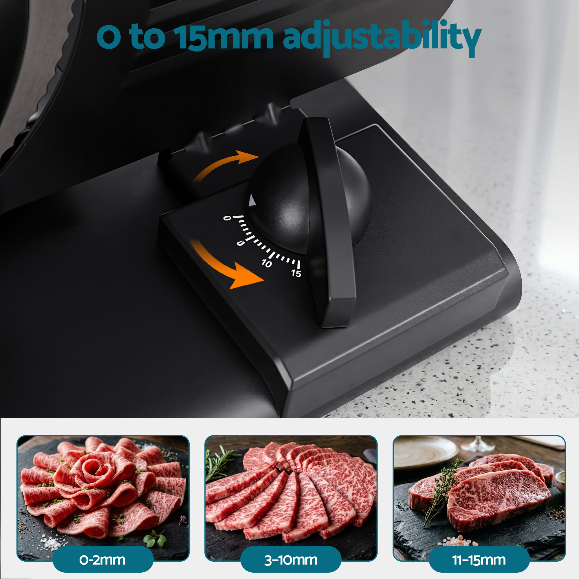 Devanti Meat Slicer Bread Vegetable, 200W Power 0-15mm Adjustable Easy Clean Stable Stainless Steel Blade Food Slicer for Kitchen Commercial, Black - Image 5
