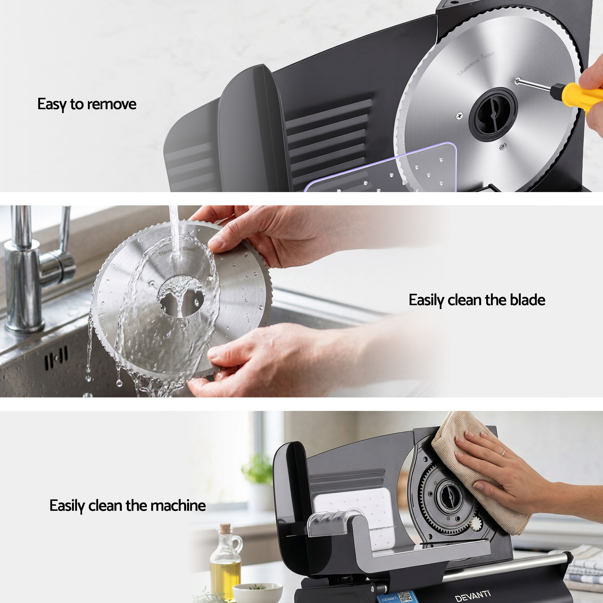 Devanti Meat Slicer Bread Vegetable, 200W Power 0-15mm Adjustable Easy Clean Stable Stainless Steel Blade Food Slicer for Kitchen Commercial, Black - Image 6