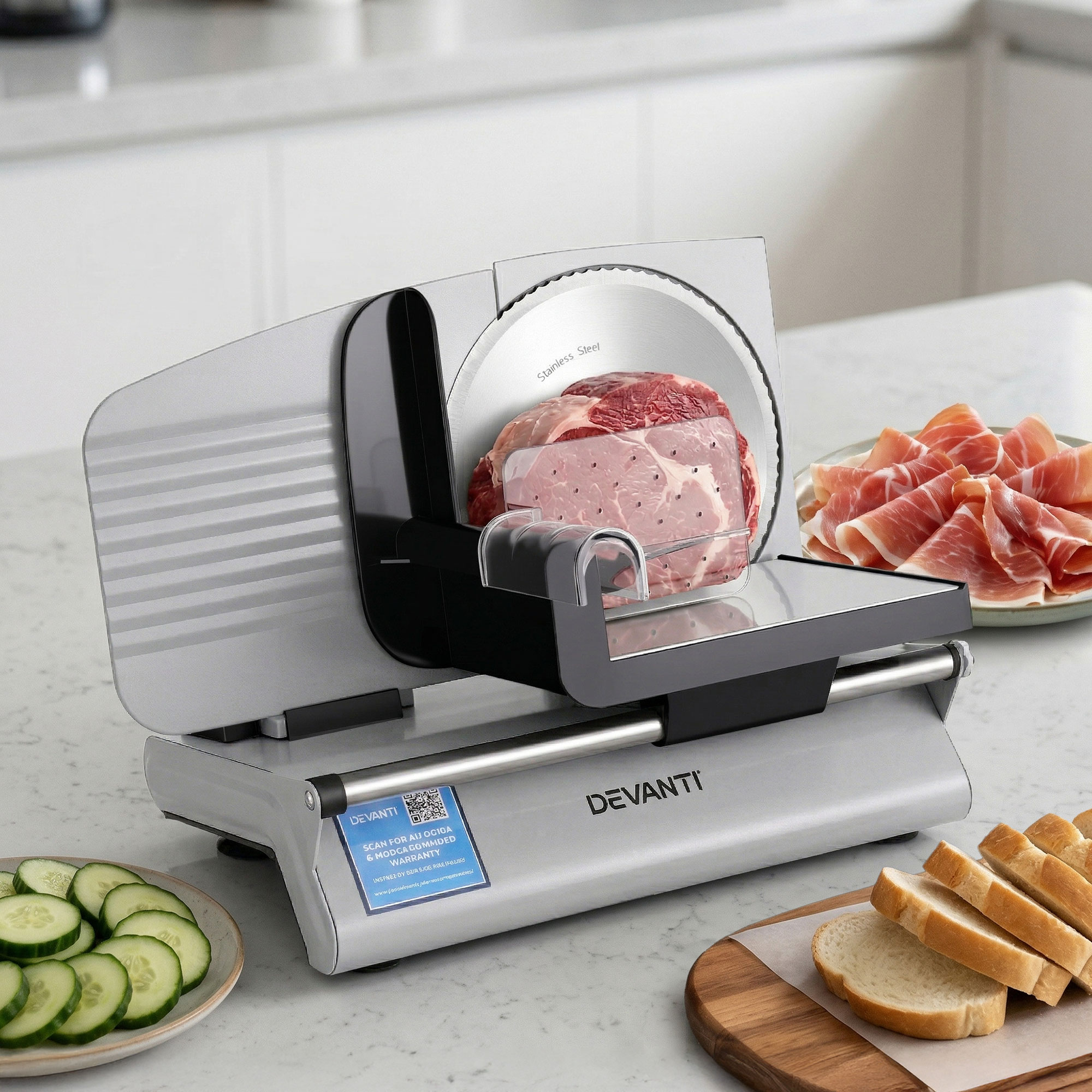 Devanti Meat Slicer Bread Vegetable, 200W Power 0-15mm Adjustable Easy Clean Stable Stainless Steel Blade Food Slicer for Kitchen Commercial, Silver - Image 1
