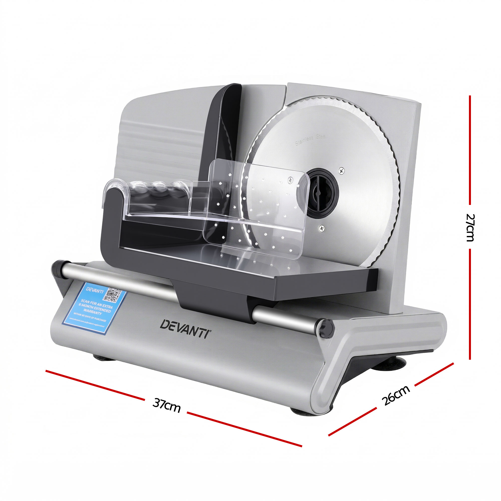 Devanti Meat Slicer Bread Vegetable, 200W Power 0-15mm Adjustable Easy Clean Stable Stainless Steel Blade Food Slicer for Kitchen Commercial, Silver - Image 2