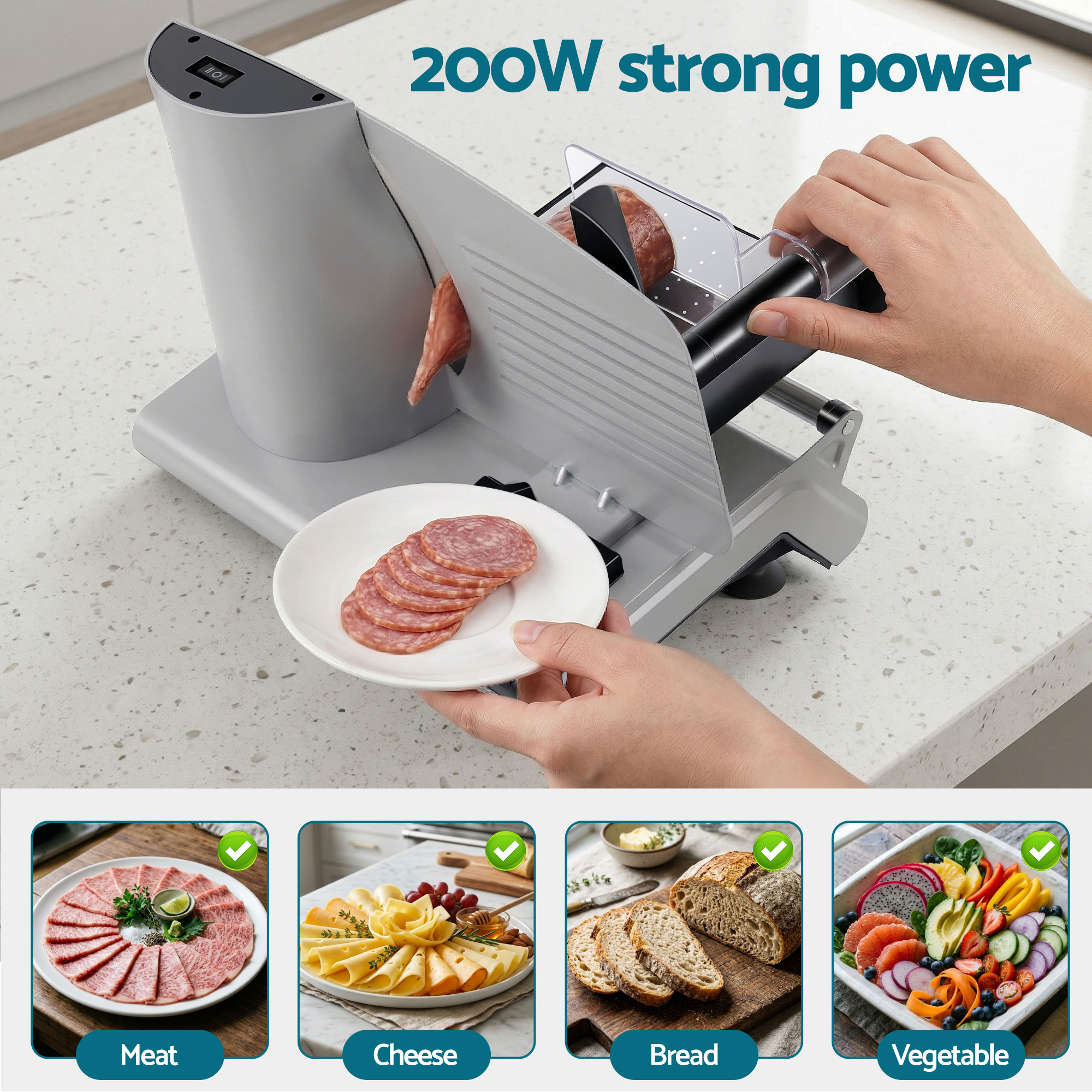 Devanti Meat Slicer Bread Vegetable, 200W Power 0-15mm Adjustable Easy Clean Stable Stainless Steel Blade Food Slicer for Kitchen Commercial, Silver - Image 4