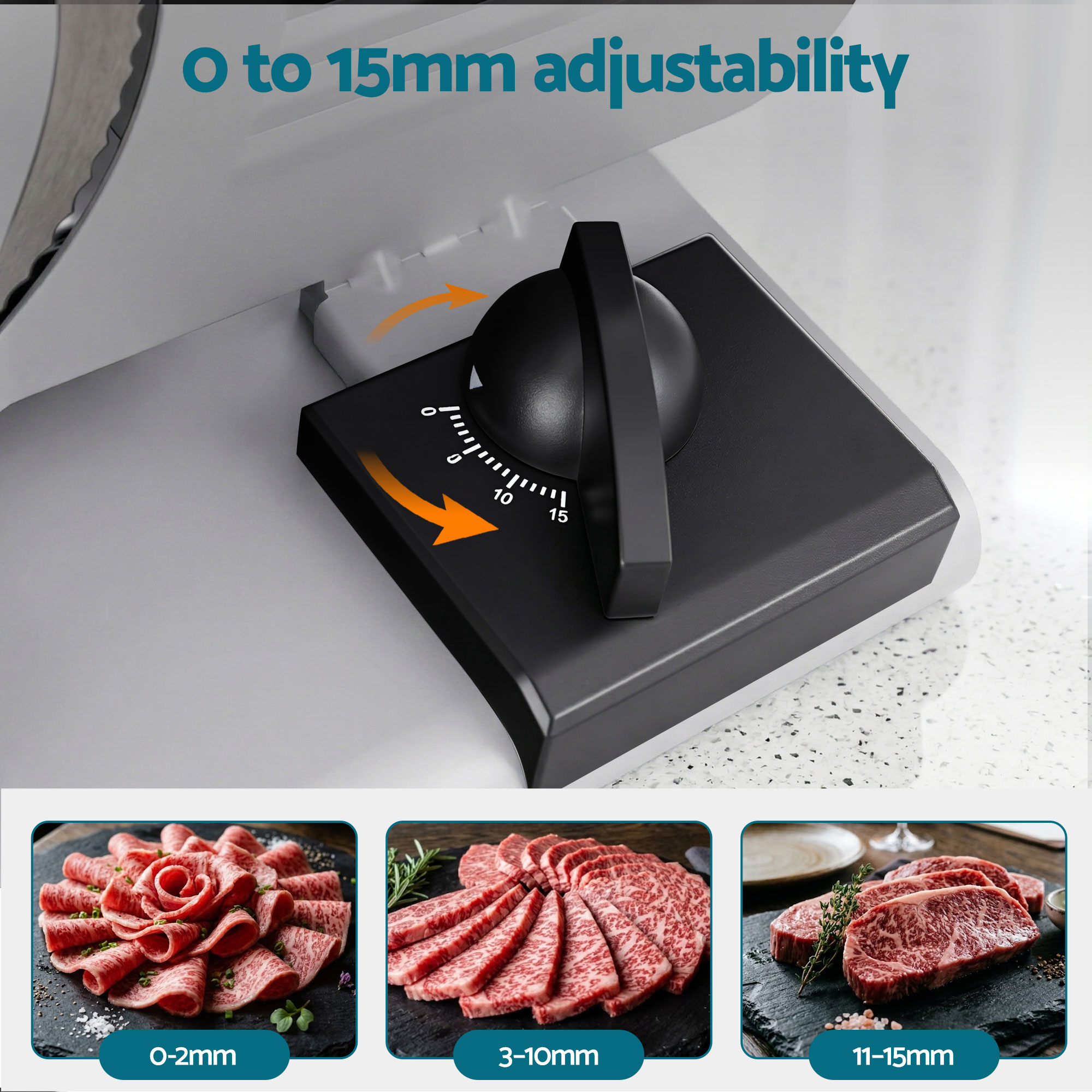 Devanti Meat Slicer Bread Vegetable, 200W Power 0-15mm Adjustable Easy Clean Stable Stainless Steel Blade Food Slicer for Kitchen Commercial, Silver - Image 5