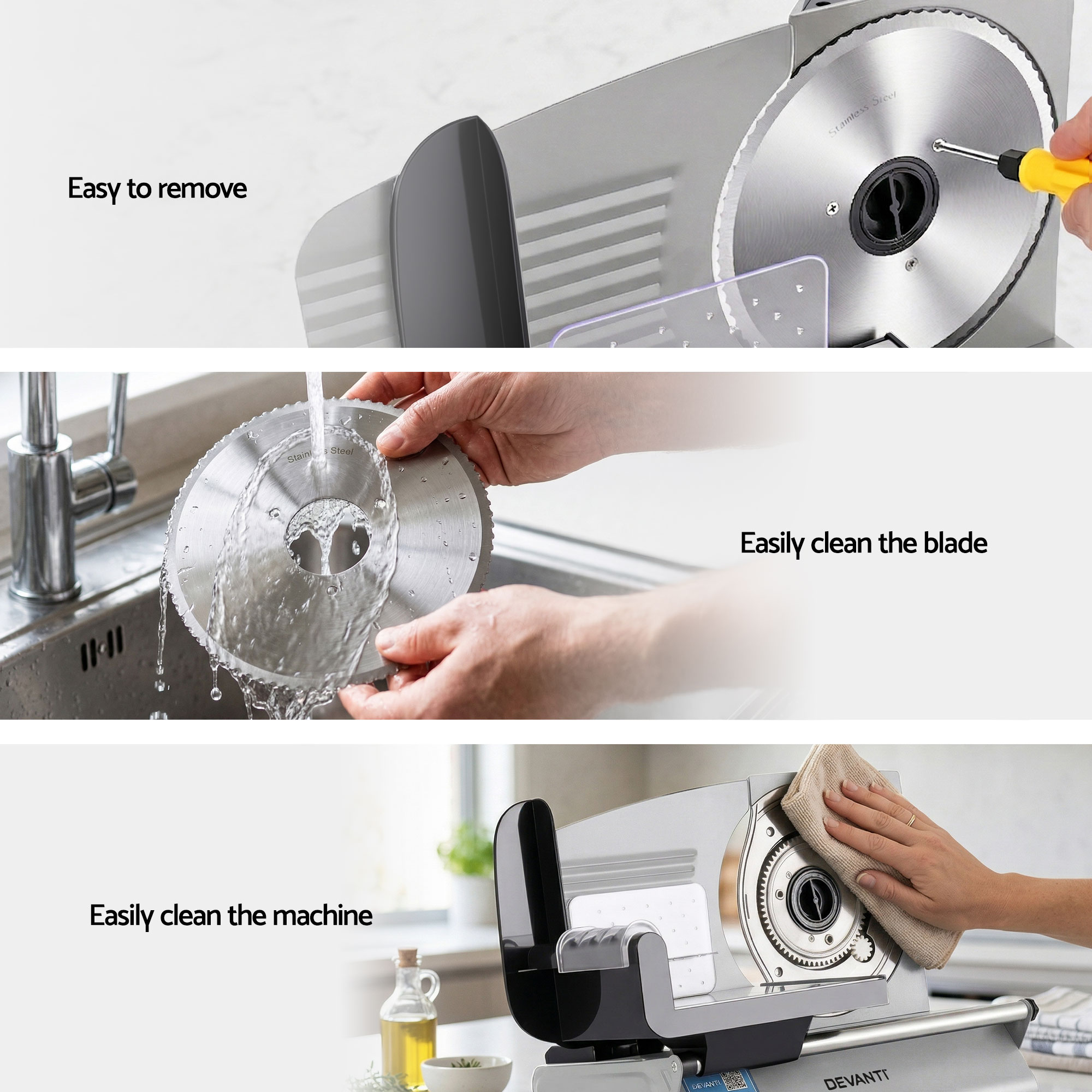 Devanti Meat Slicer Bread Vegetable, 200W Power 0-15mm Adjustable Easy Clean Stable Stainless Steel Blade Food Slicer for Kitchen Commercial, Silver - Image 6