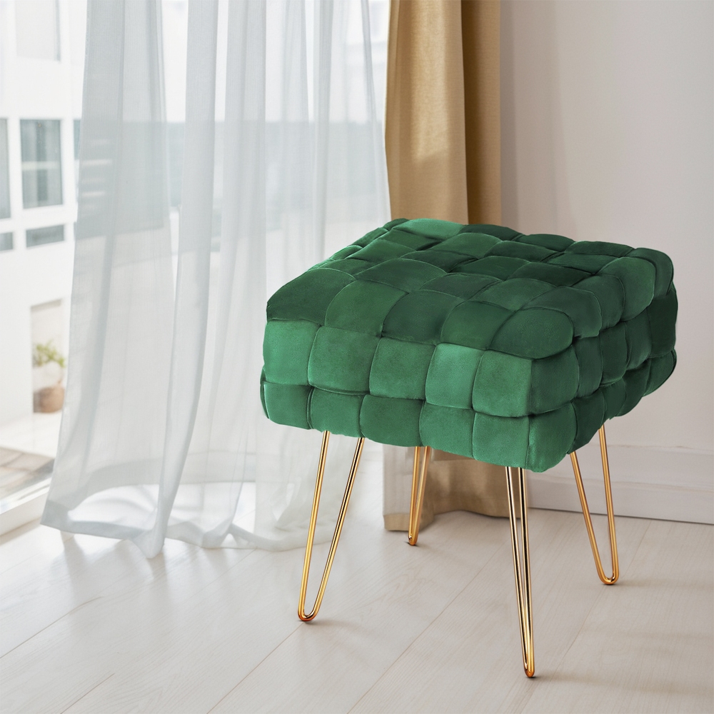 Artiss Ottoman Foot Stool Vanity Woven Velvet Green - Image 1
